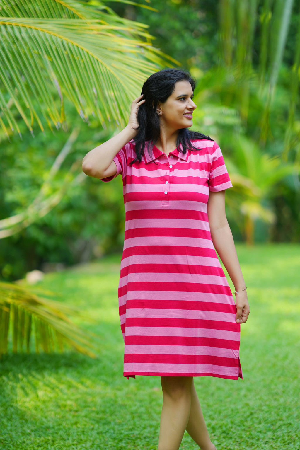 Rosy Stripes Polo Dress - Rose Red and Blush Pink
