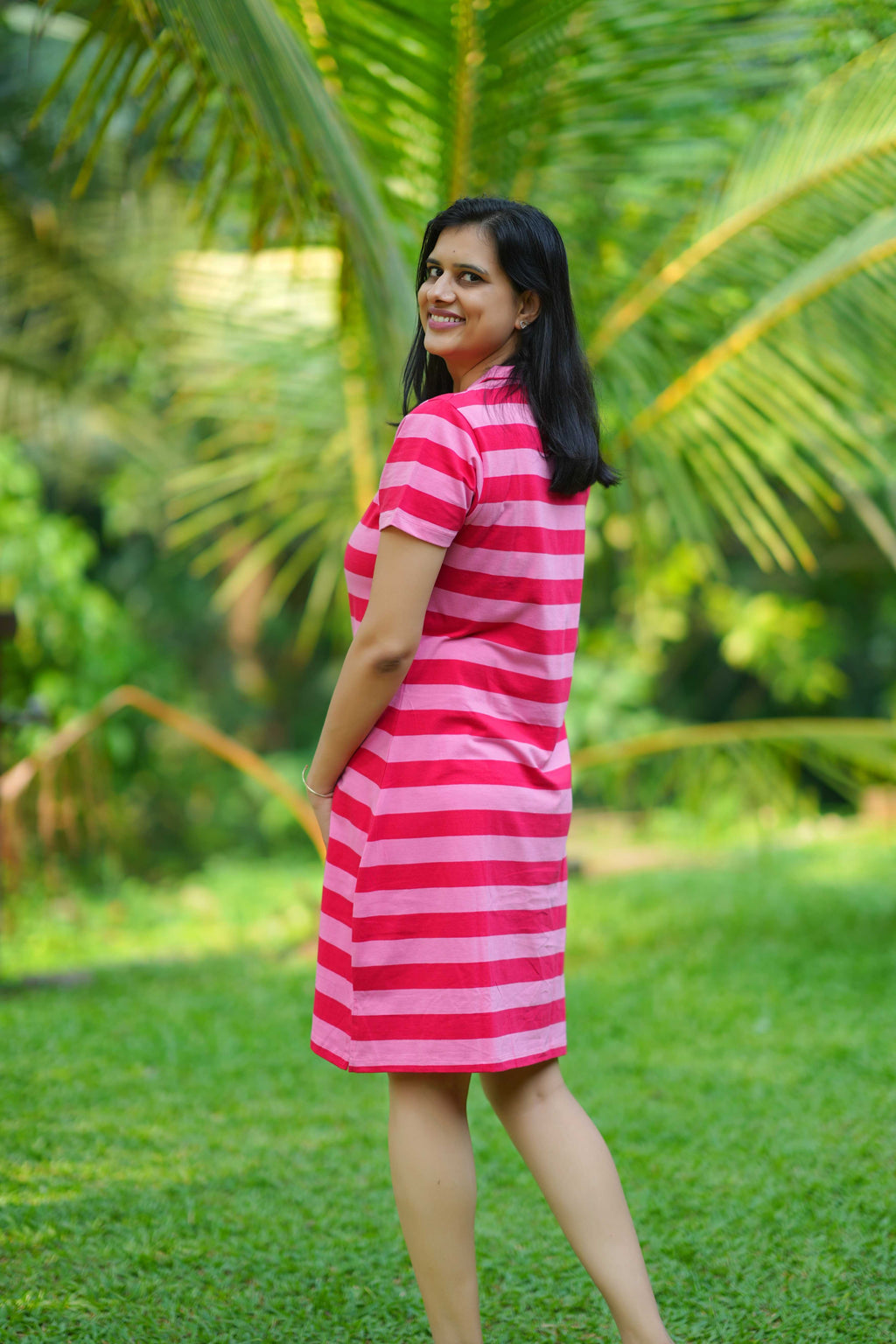 Rosy Stripes Polo Dress - Rose Red and Blush Pink