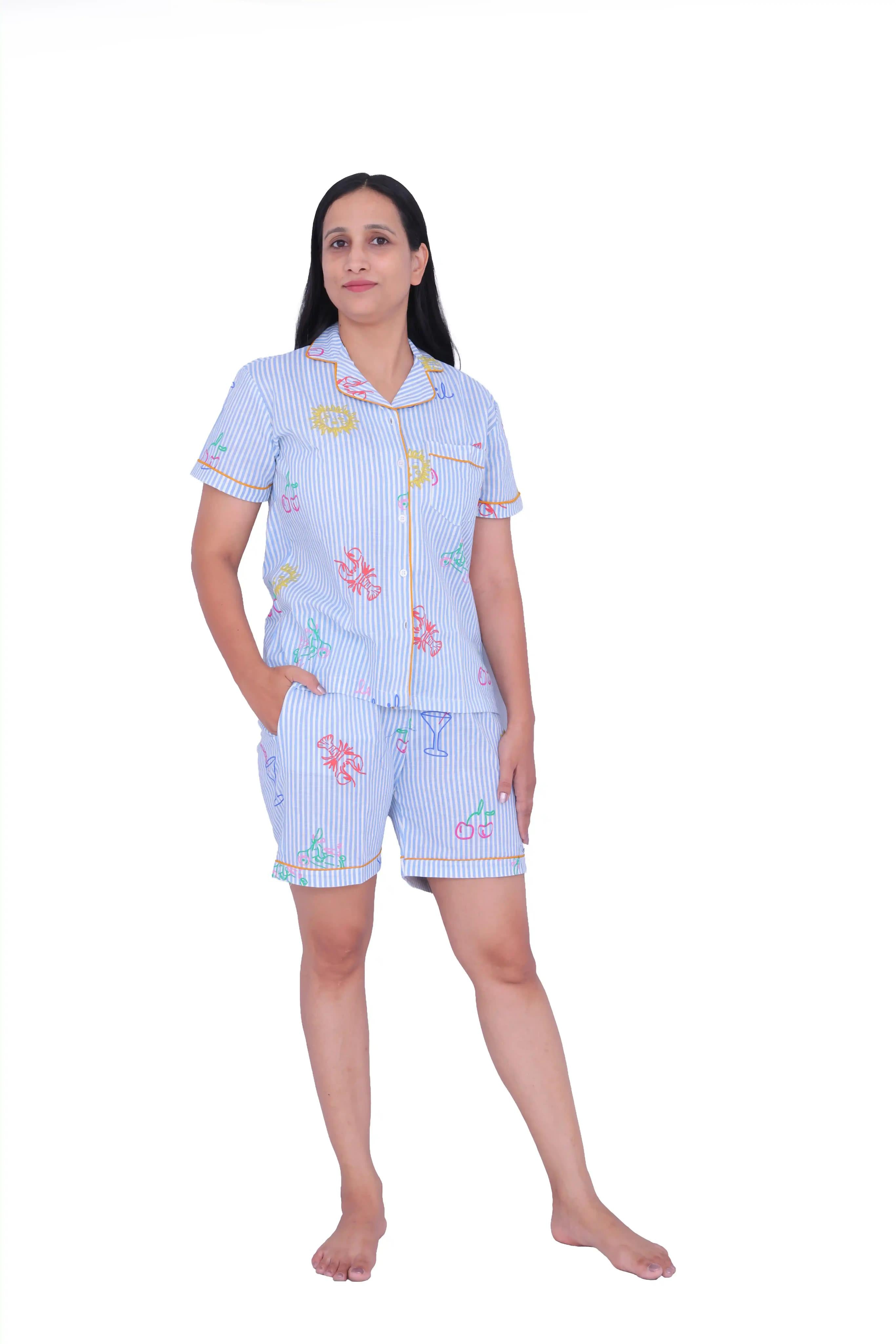 Blue Stripe Printed Cotton Night Suit Set