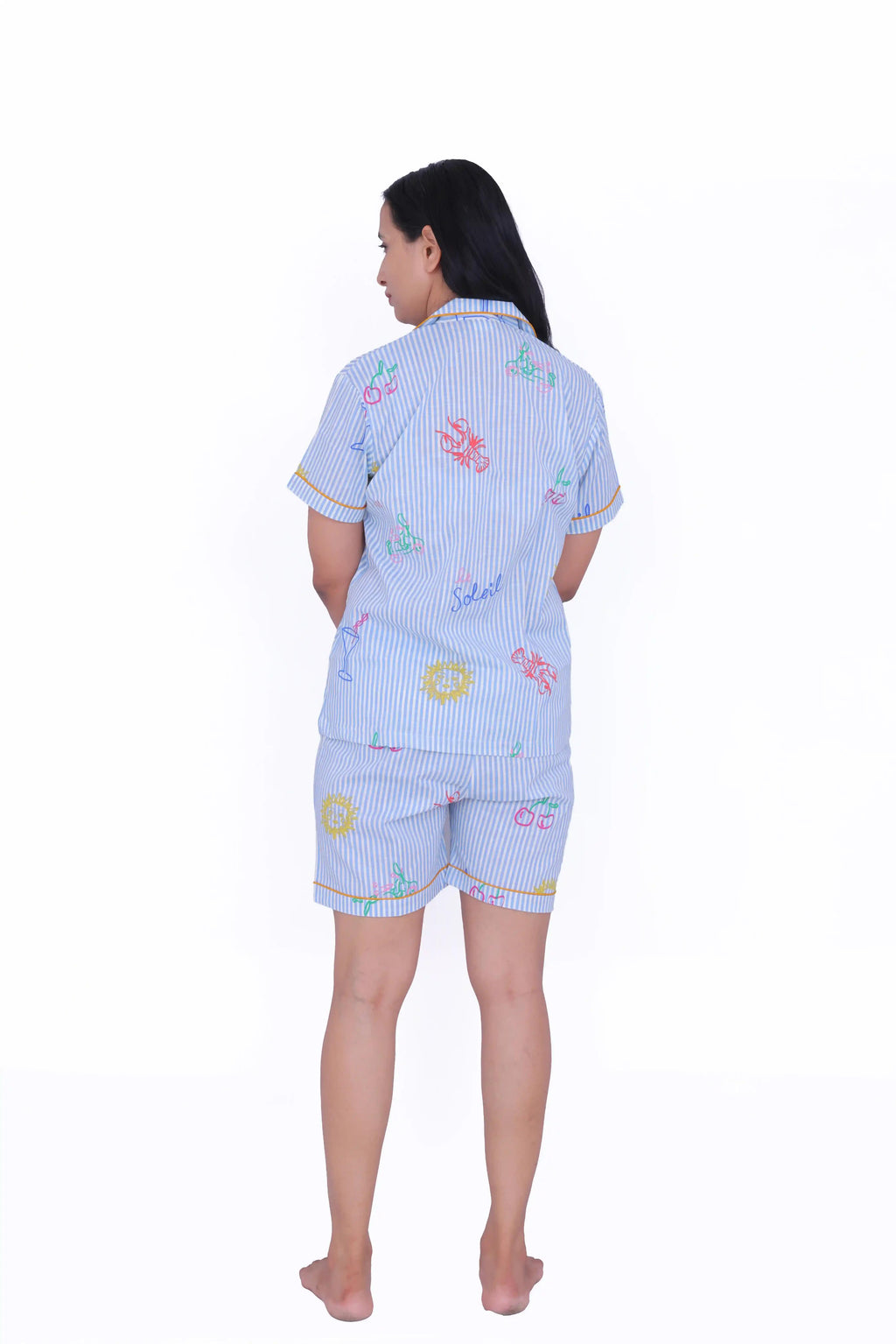 Blue Stripe Printed Cotton Night Suit Set