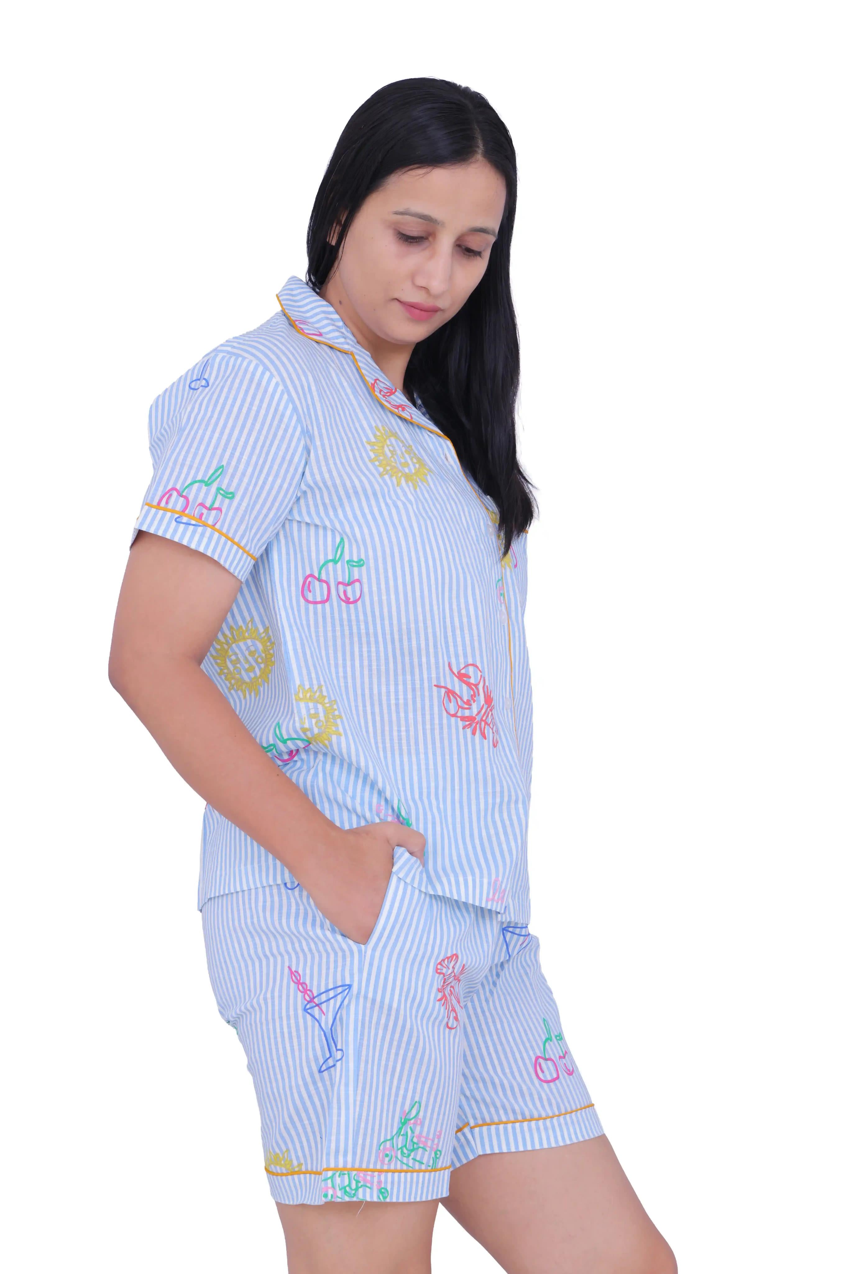 Blue Stripe Printed Cotton Night Suit Set