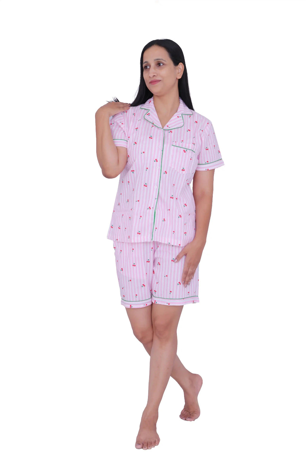 Pink Cherry Print Cotton Night Suit Set