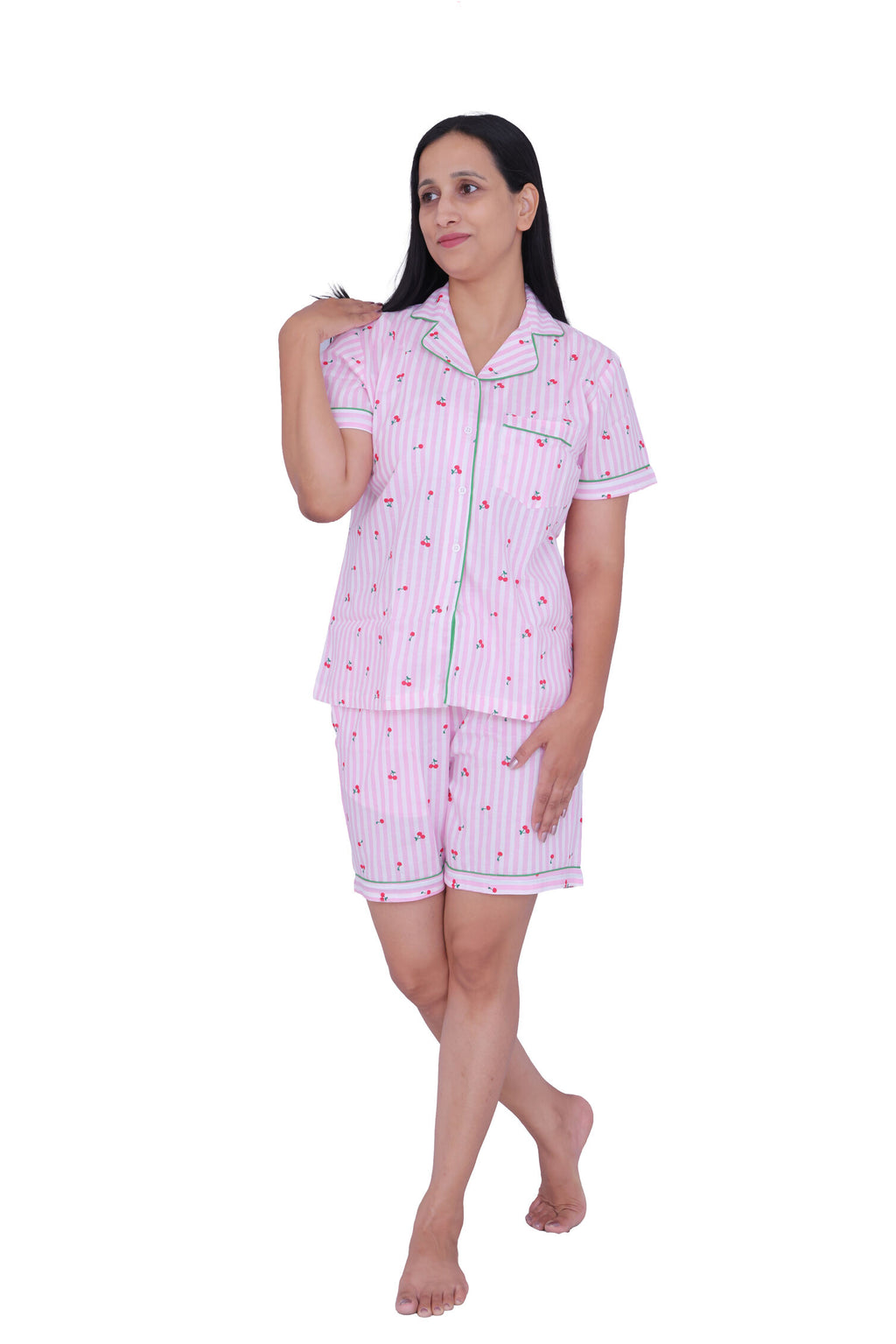 Pink Cherry Print Cotton Night Suit Set