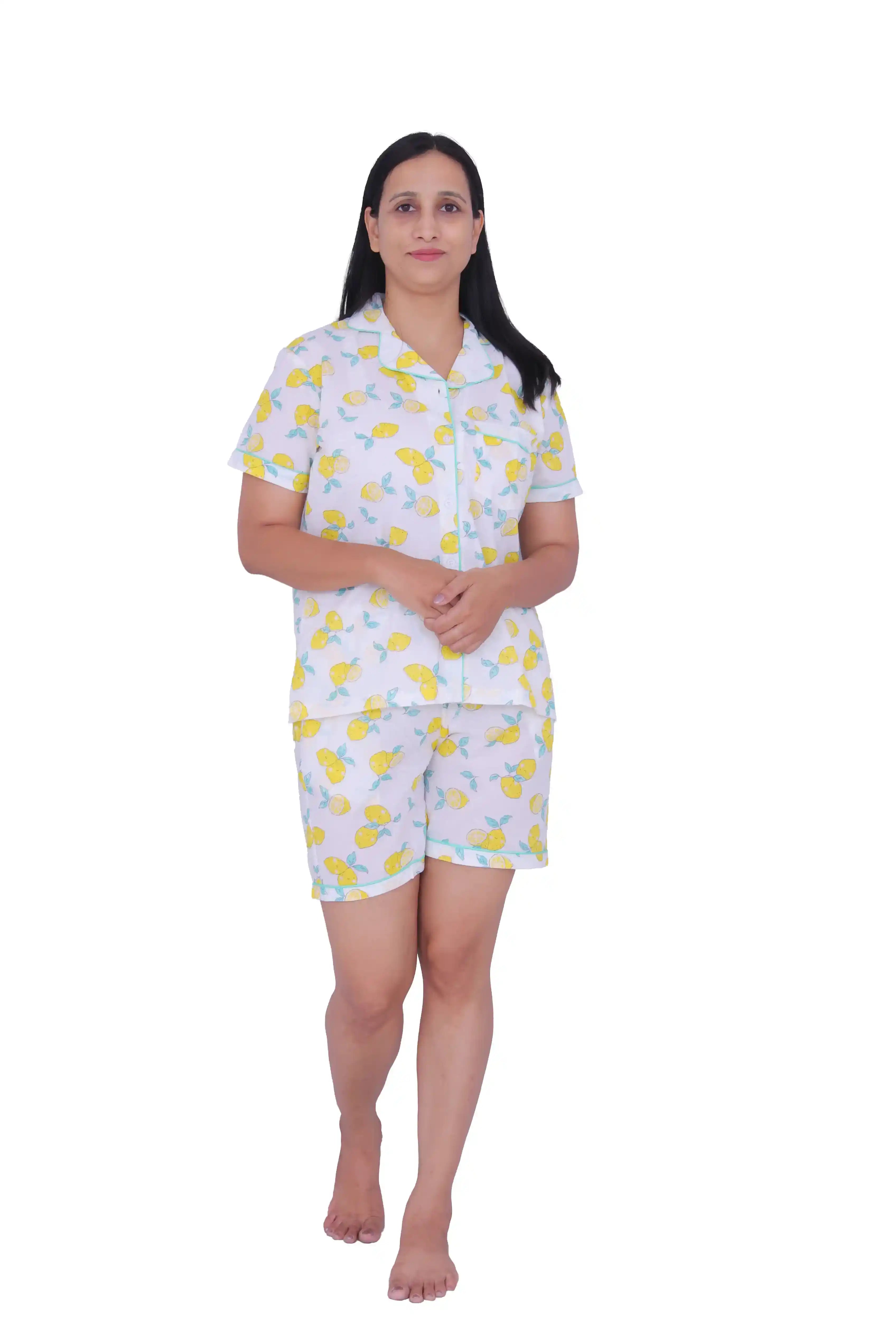 White Lemon Print Cotton Night Suit Set