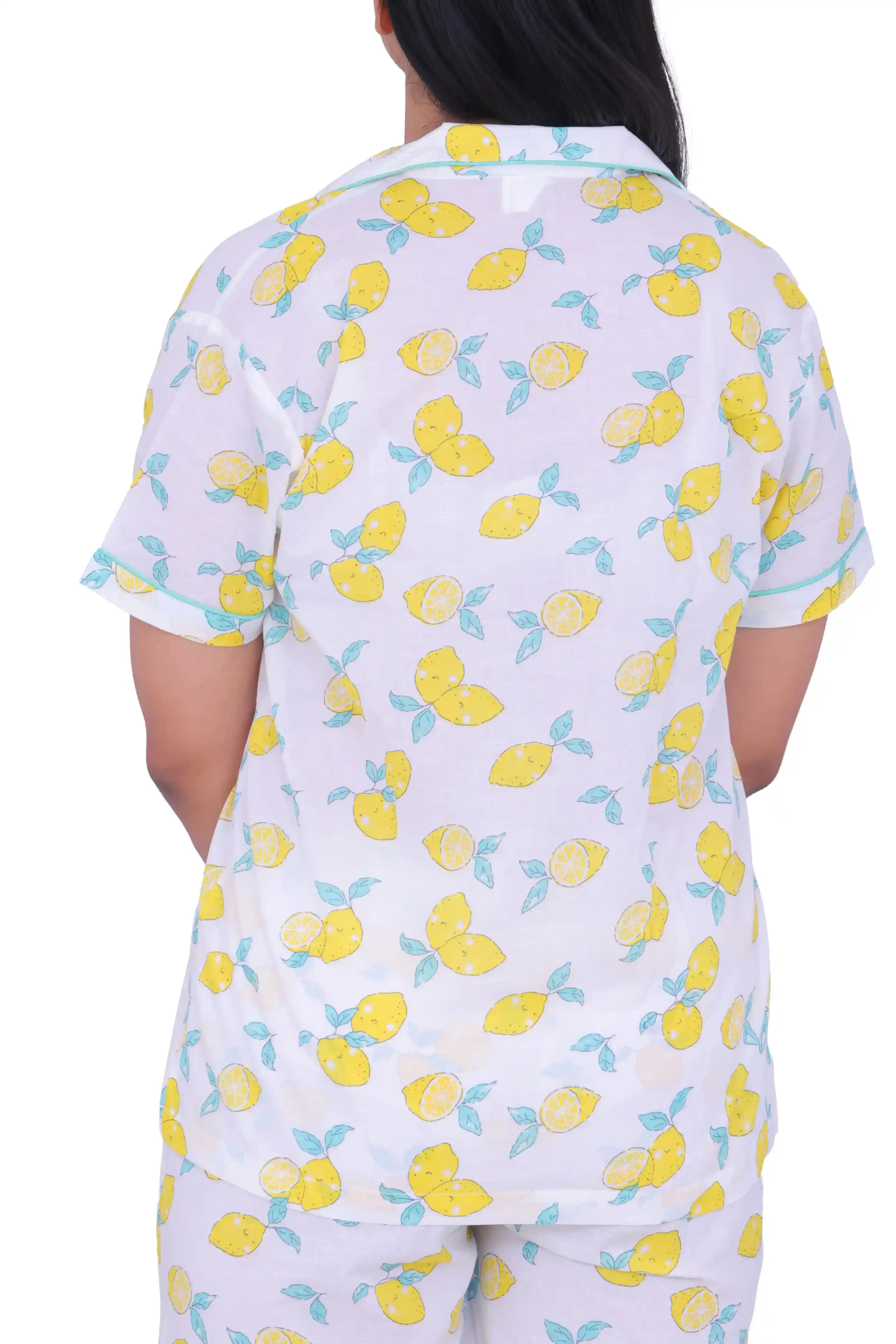 White Lemon Print Cotton Night Suit Set