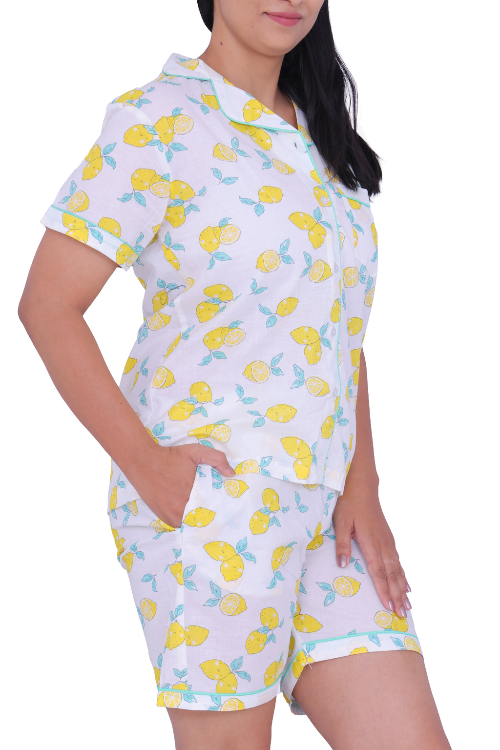 White Lemon Print Cotton Night Suit Set