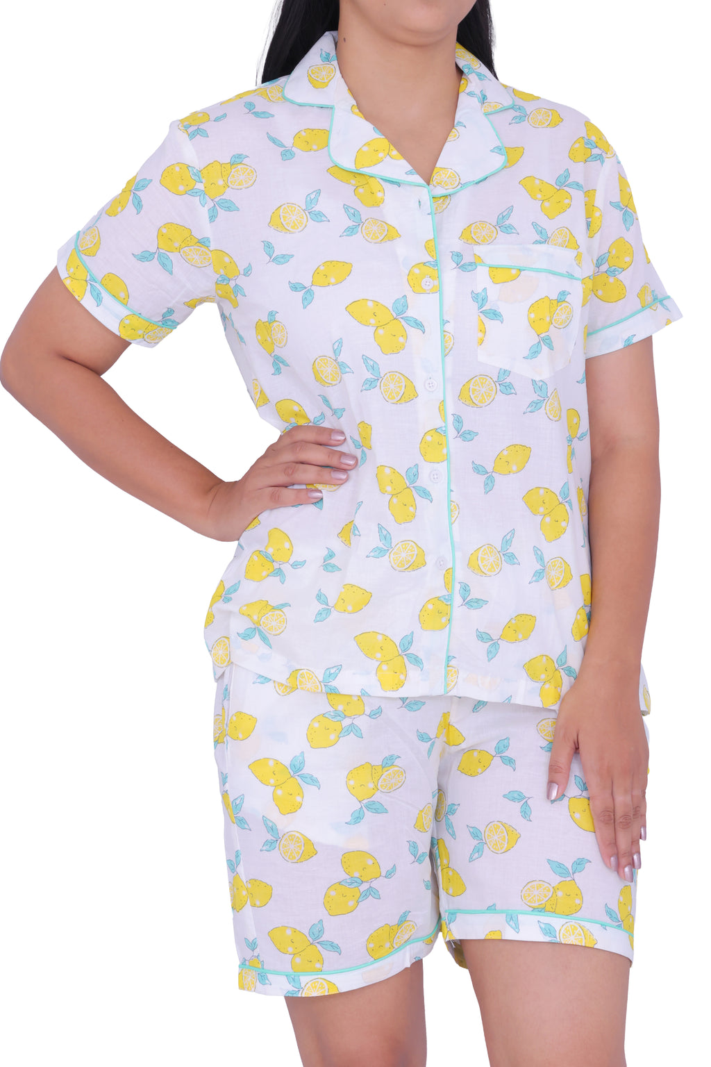 White Lemon Print Cotton Night Suit Set