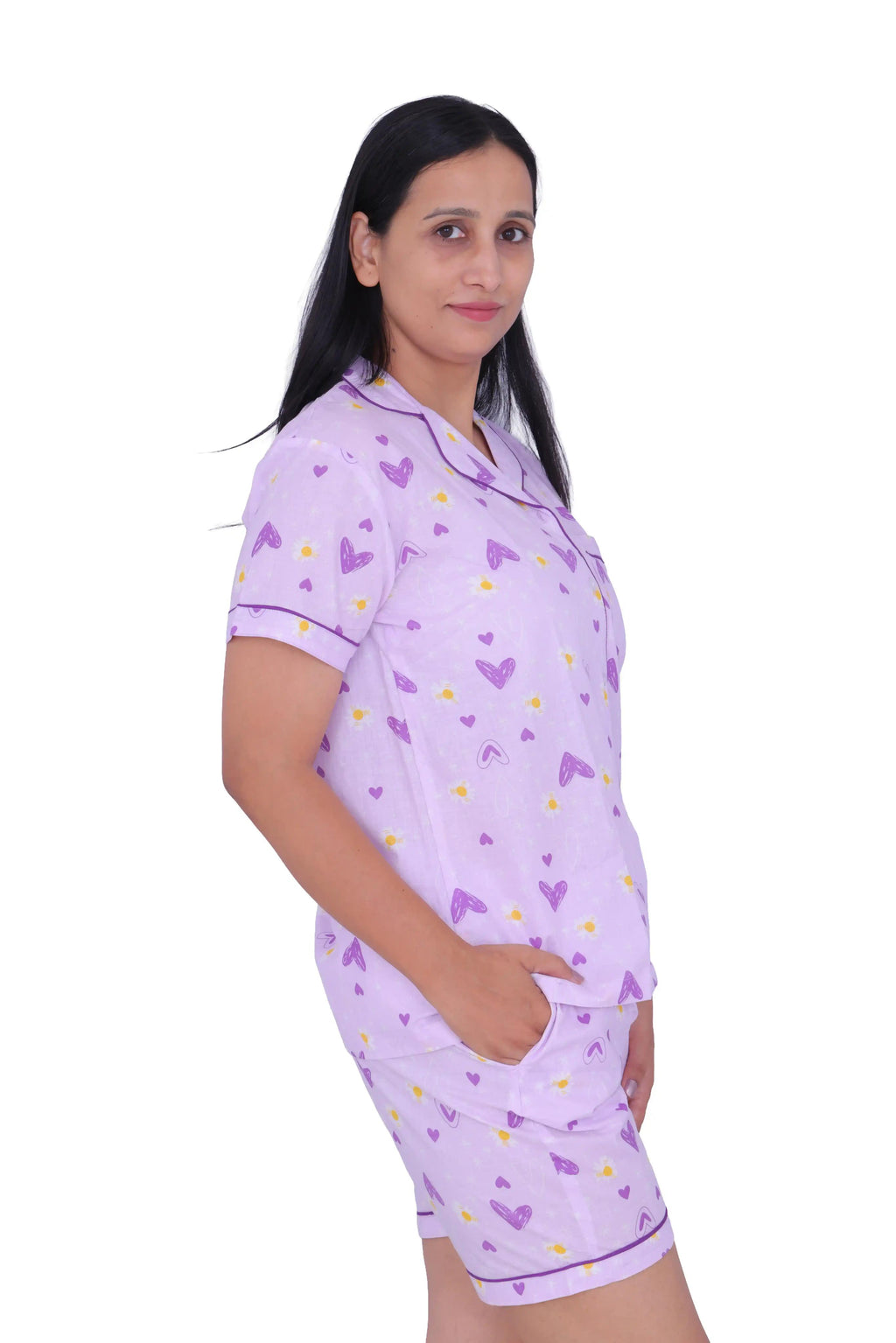 Lavender Heart Print Cotton Night Suit Set