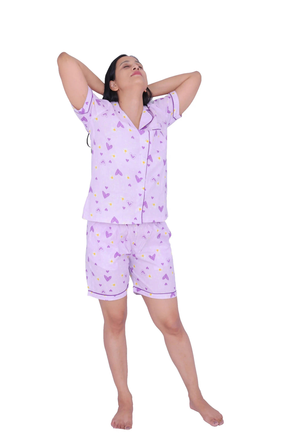 Lavender Heart Print Cotton Night Suit Set