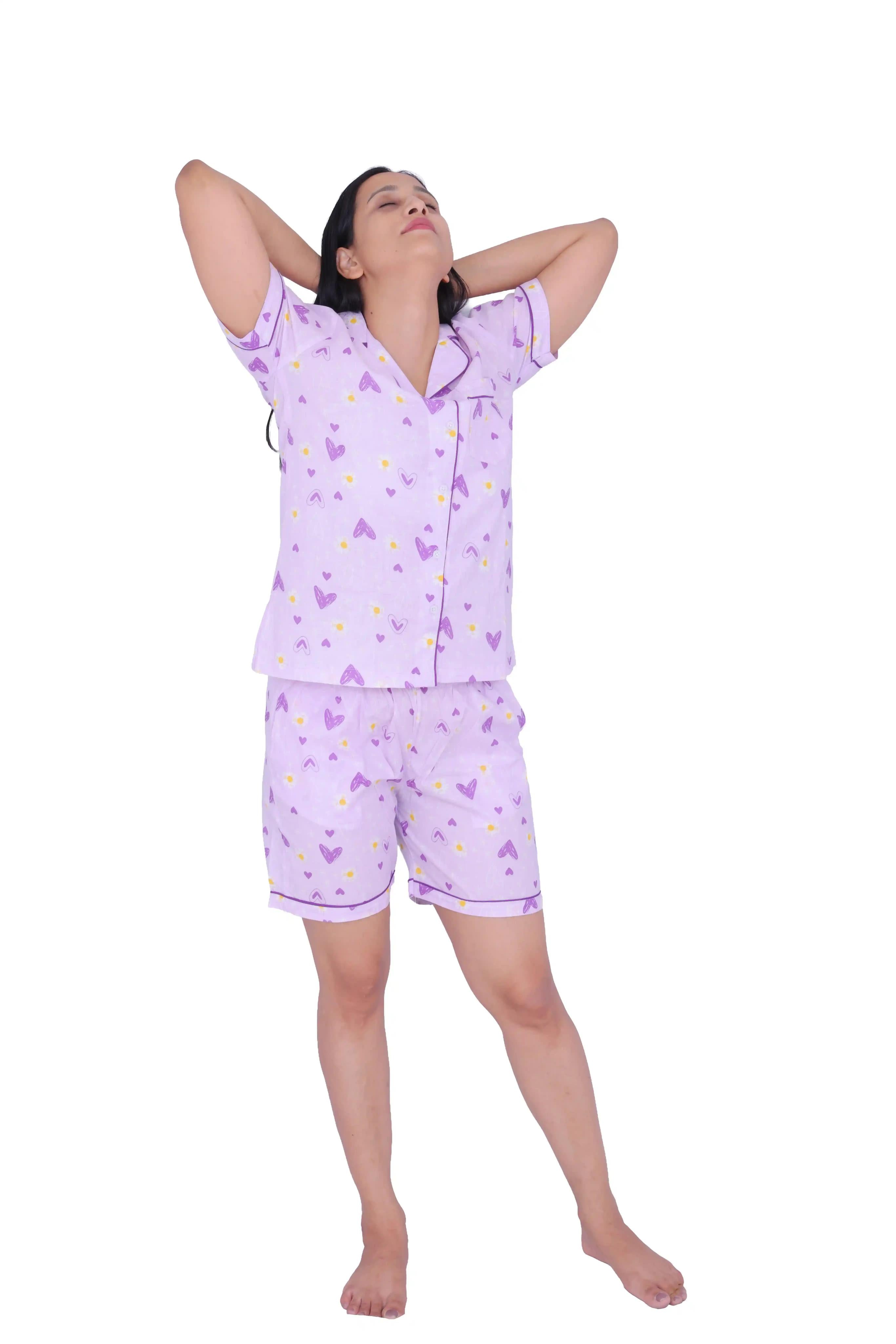 Lavender Heart Print Cotton Night Suit Set