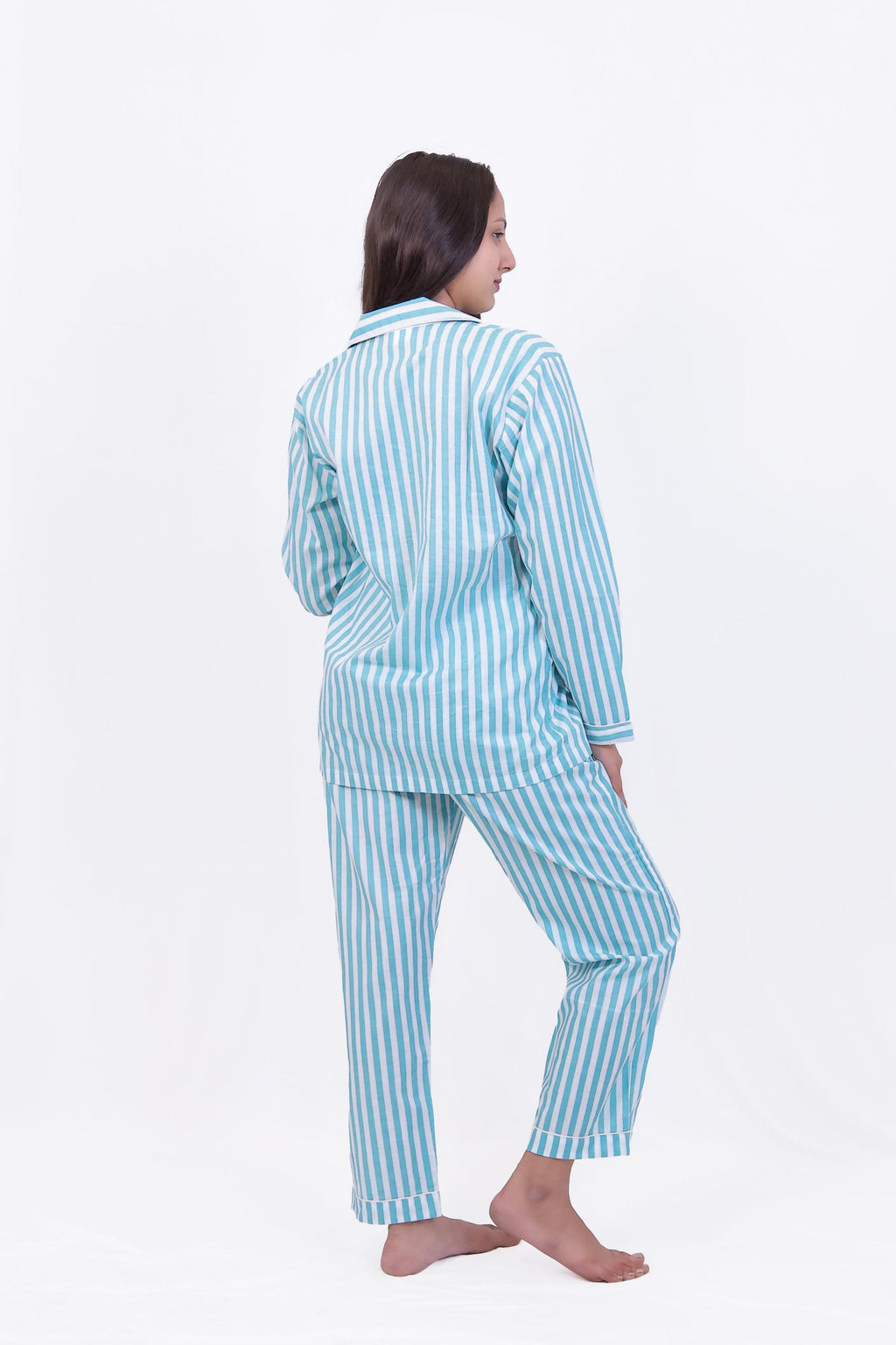 Aqua Blue & White Striped Cotton Night Suit Set