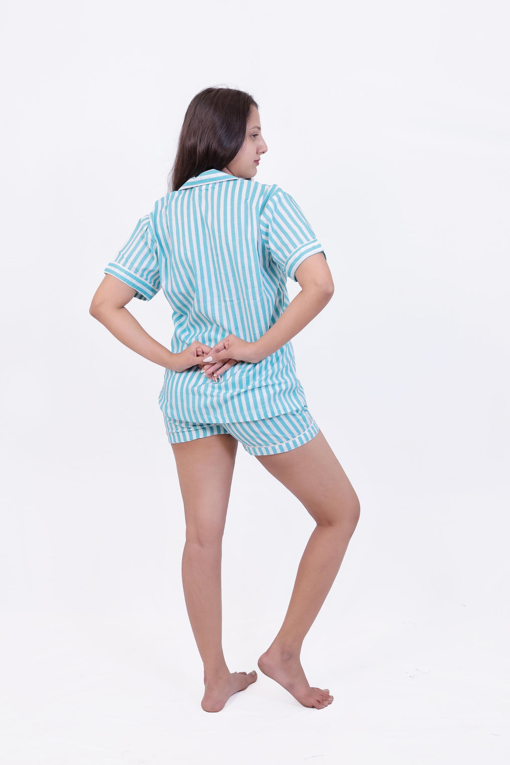 Aqua Blue & White Striped Cotton Night Suit Set(Shirt & Shorts)