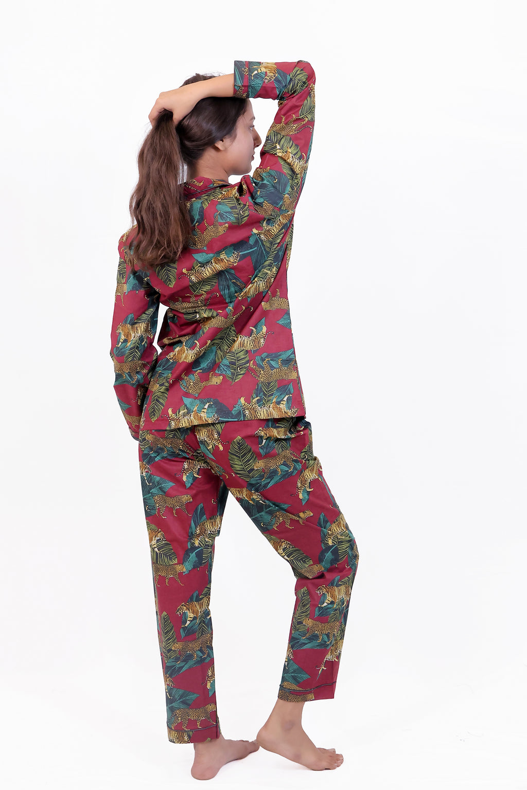 Wine Jungle Print Cotton Night Suit Set