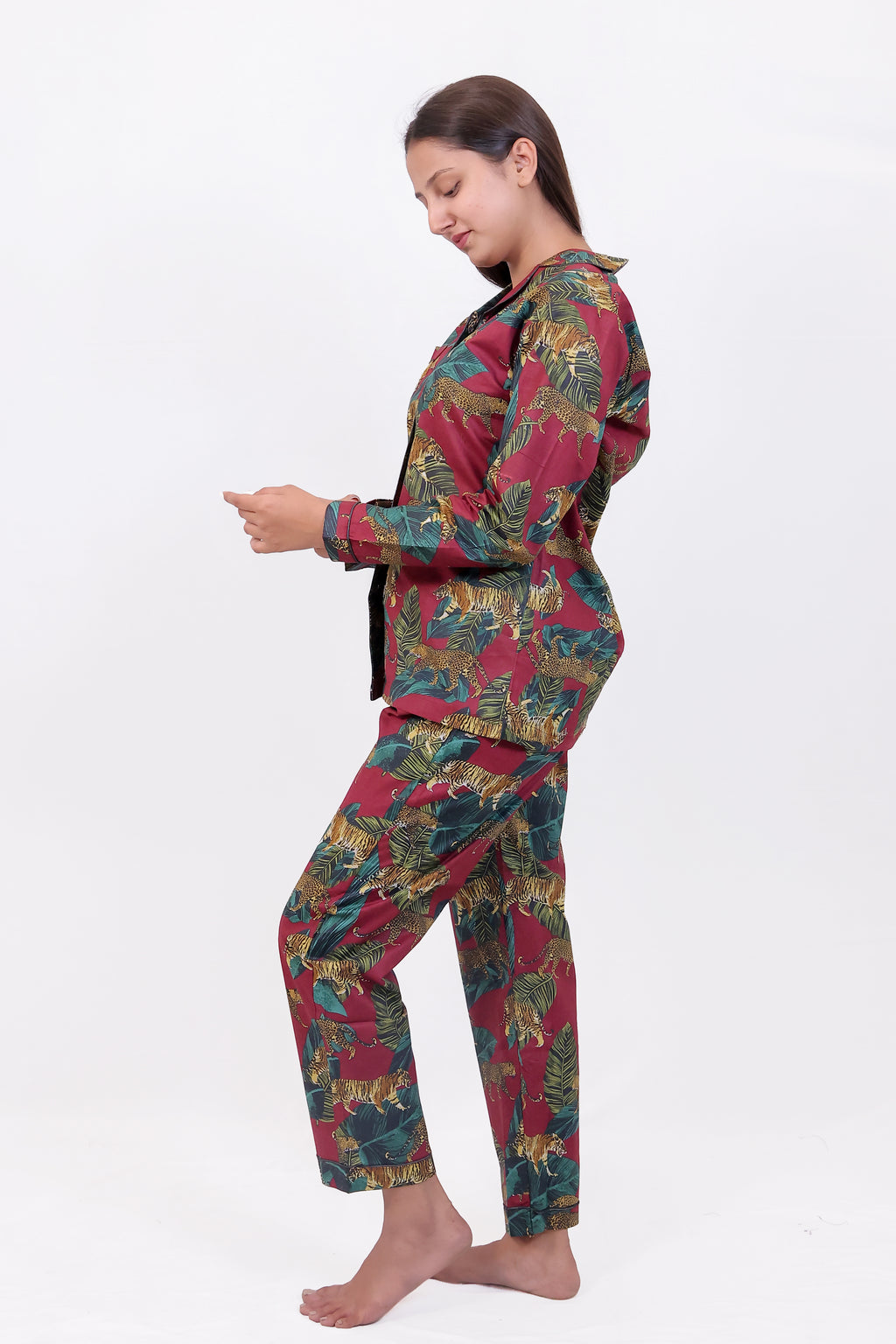 Wine Jungle Print Cotton Night Suit Set