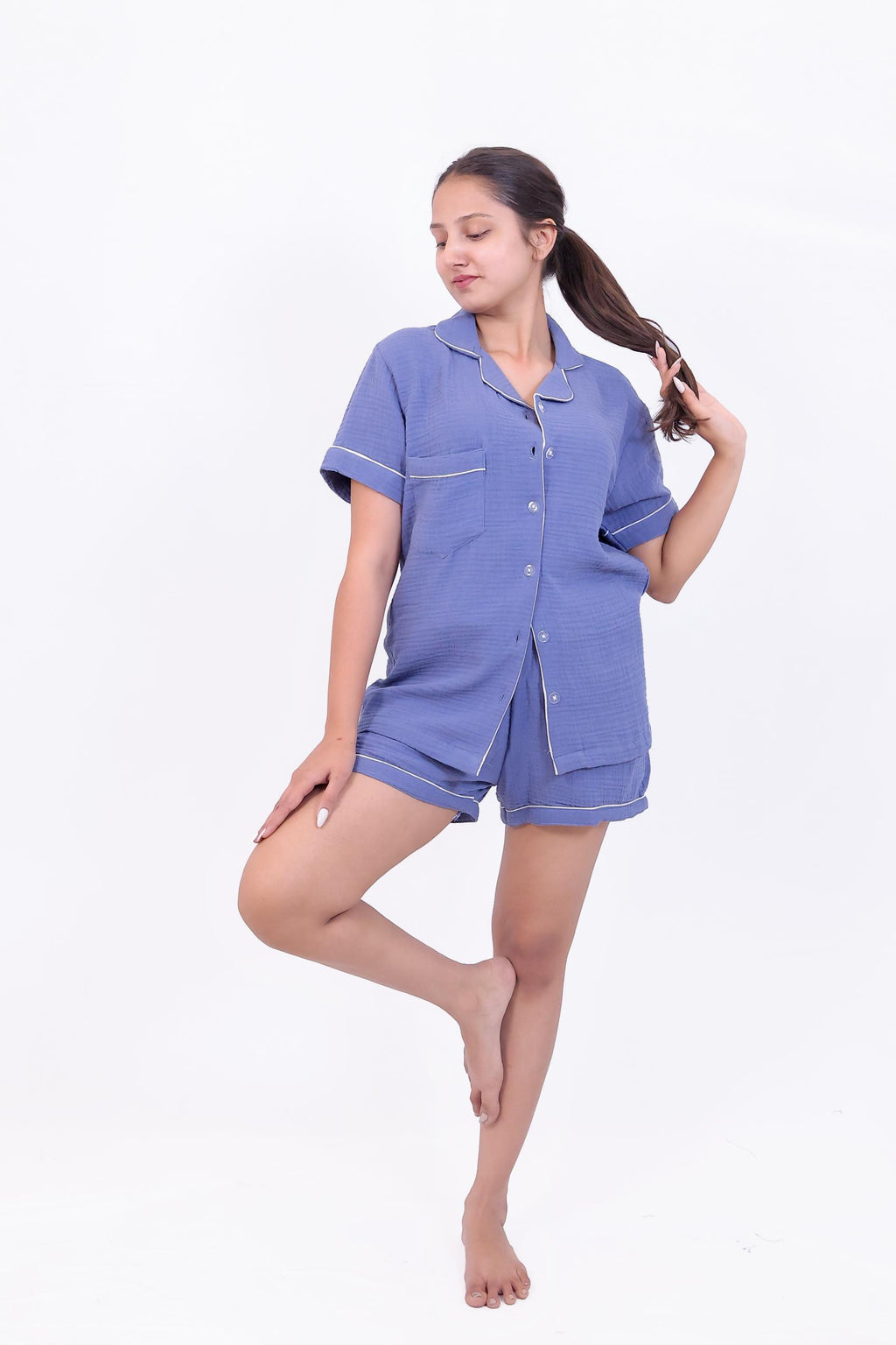 Solid Blue Muslin Cotton Nightwear Set