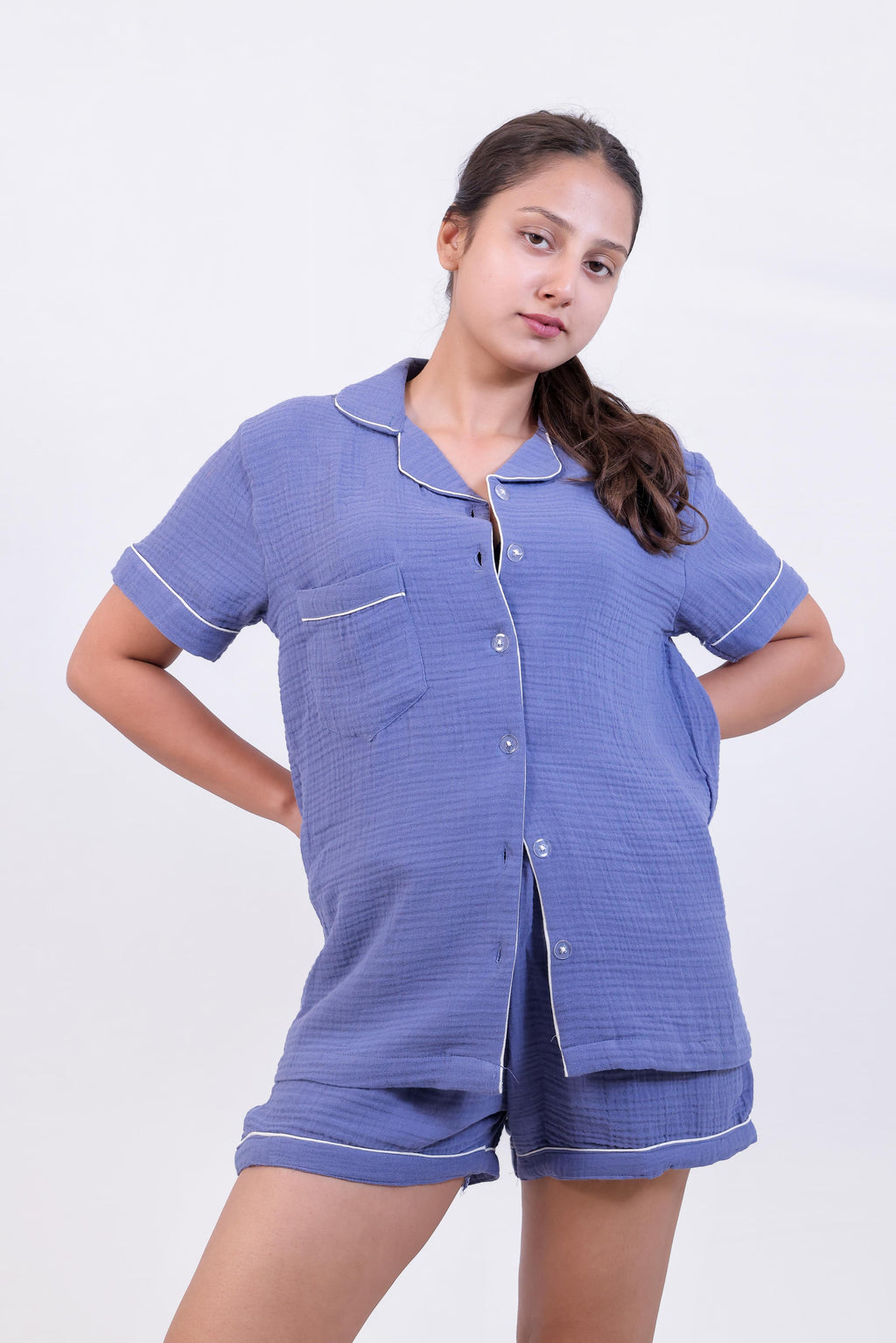 Solid Blue Muslin Cotton Nightwear Set