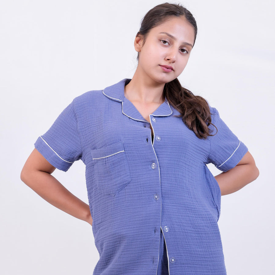Solid Blue Muslin Cotton Nightwear Set