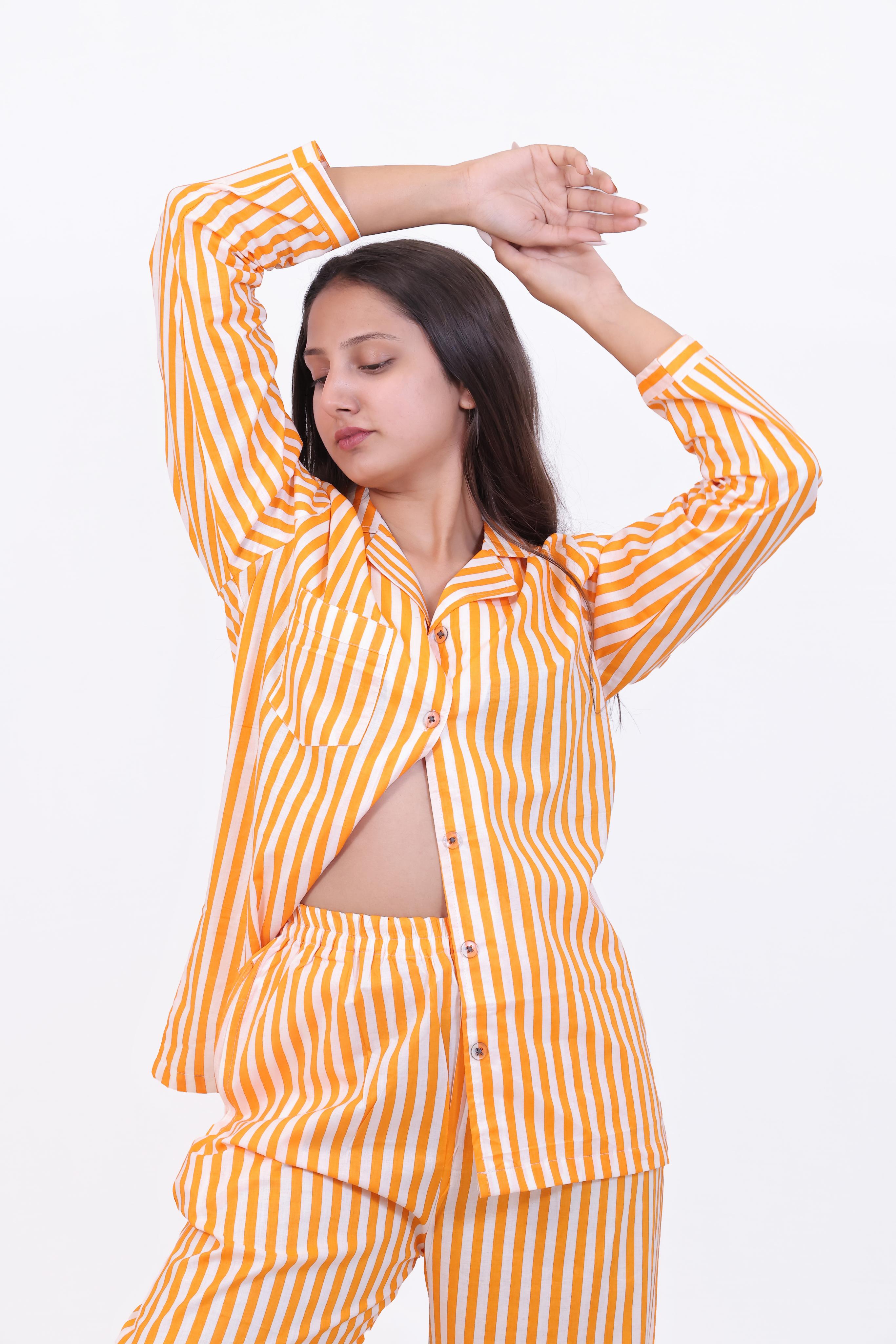 Sunshine Orange Stripe Cotton Night Suit Set