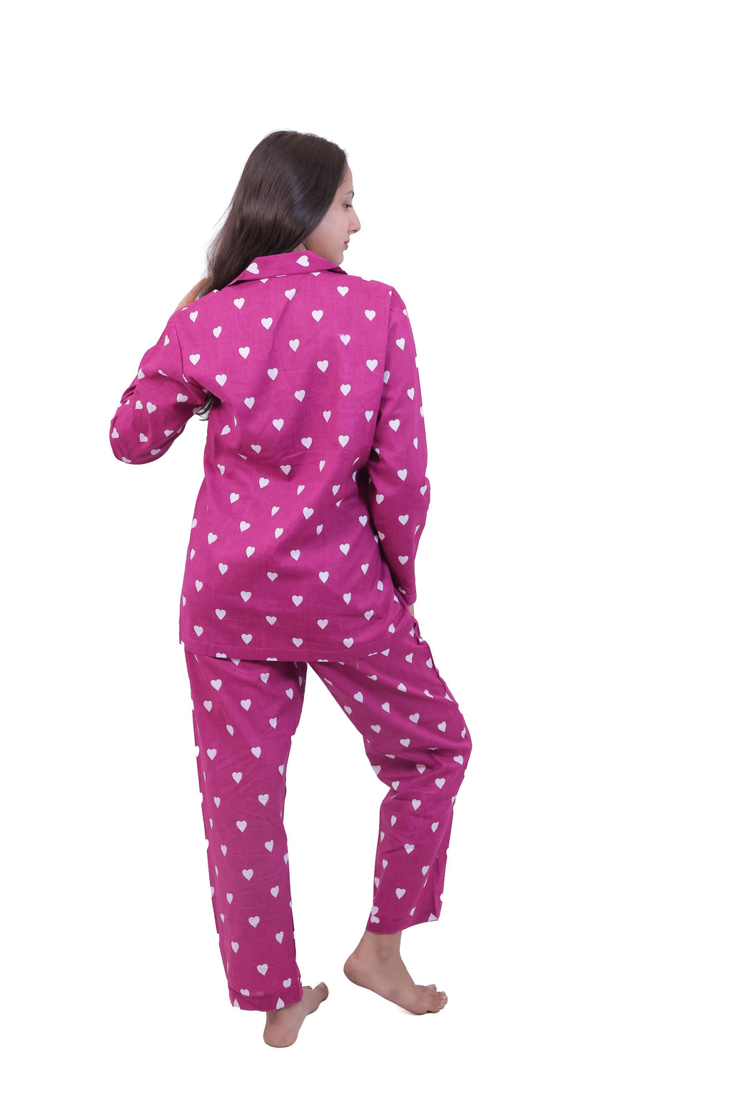 Fuchsia Heart Print Cotton Night Suit Set