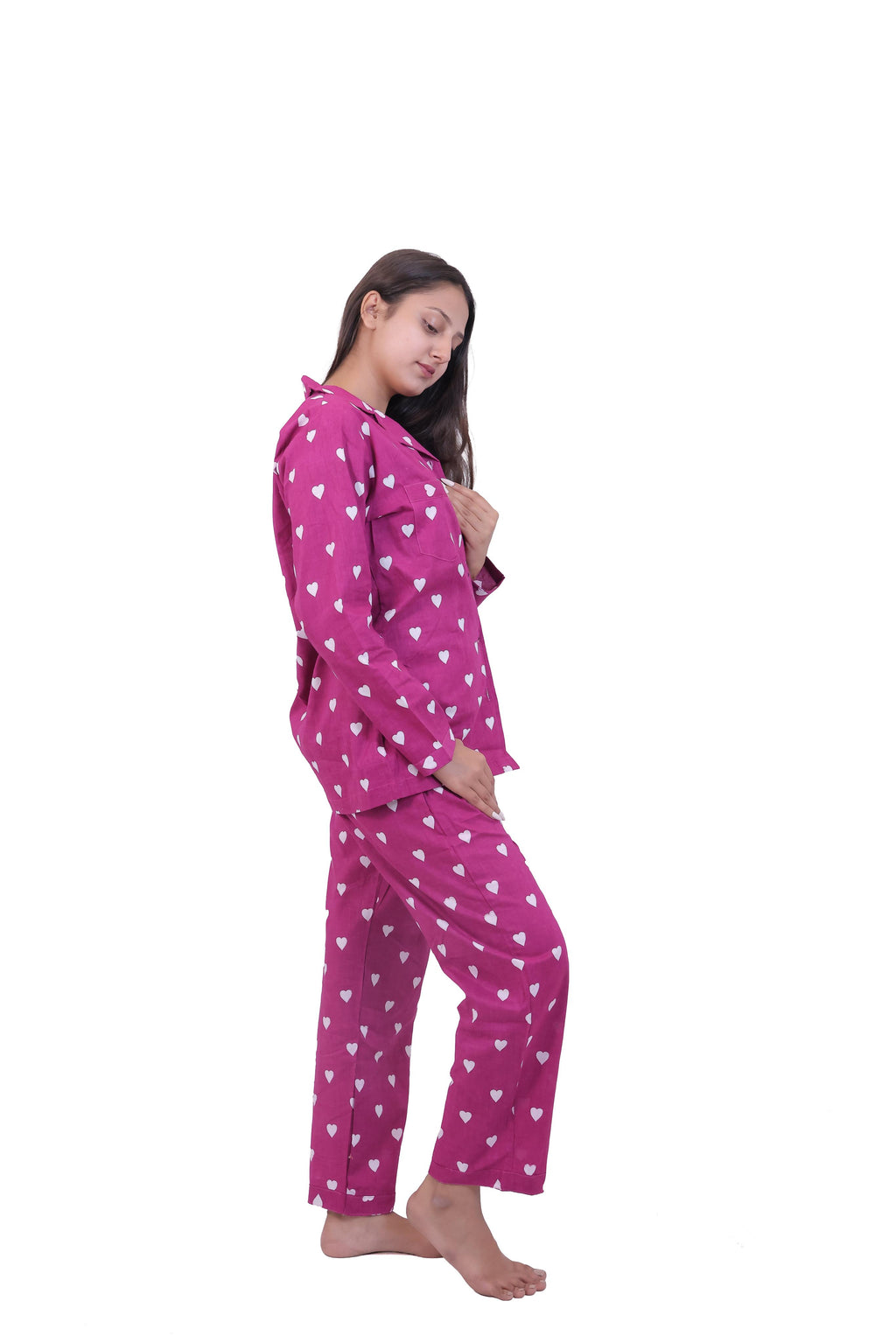 Fuchsia Heart Print Cotton Night Suit Set