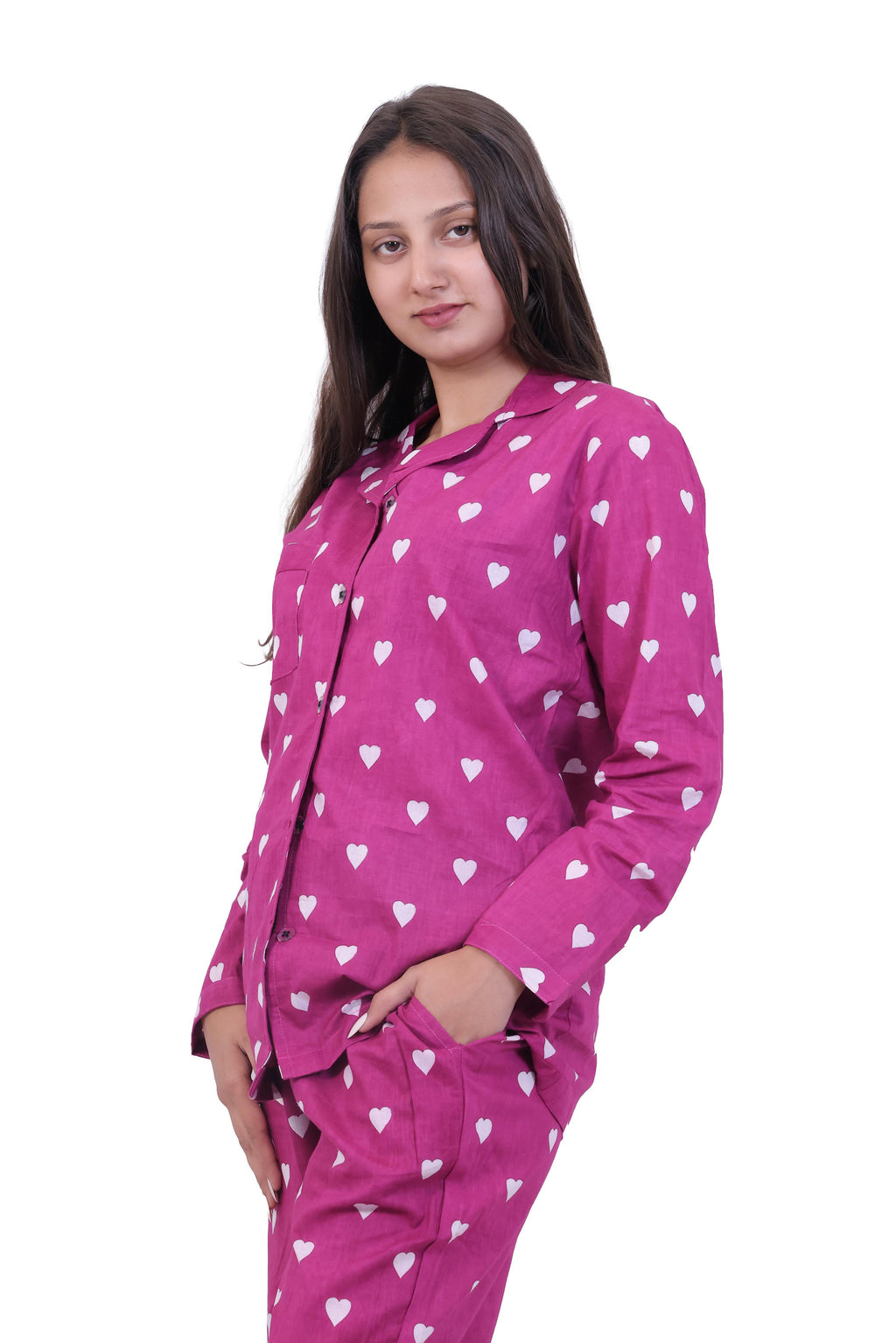 Fuchsia Heart Print Cotton Night Suit Set