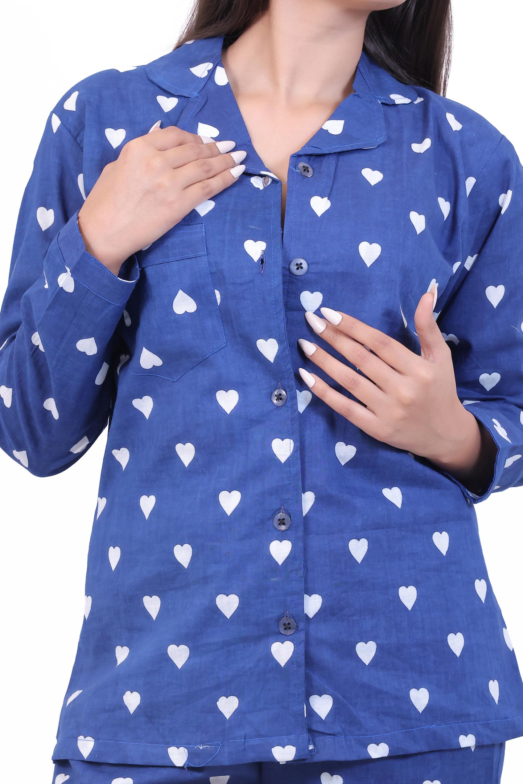 Royal Blue Heart Print Cotton Night Suit Set