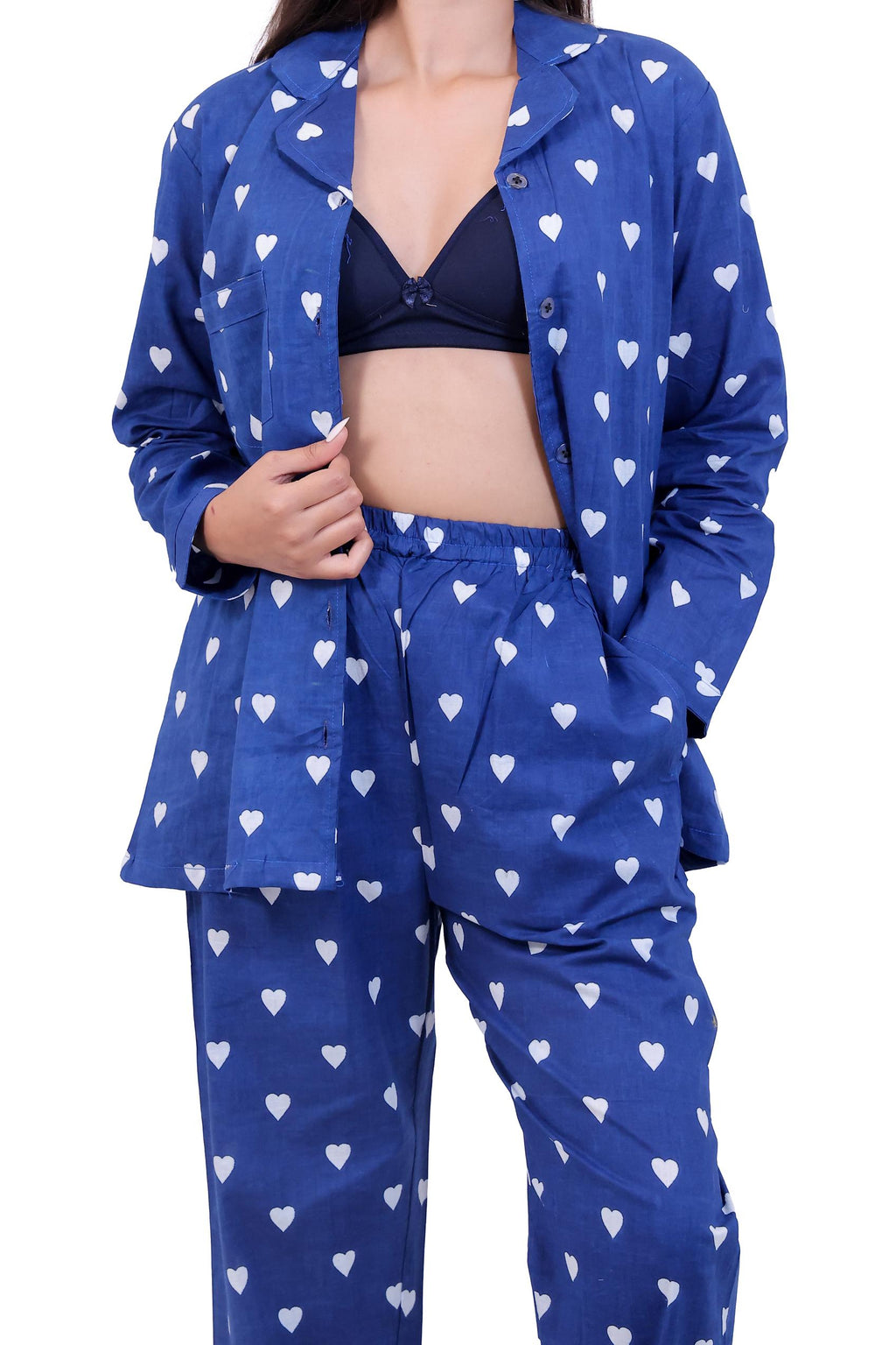 Royal Blue Heart Print Cotton Night Suit Set
