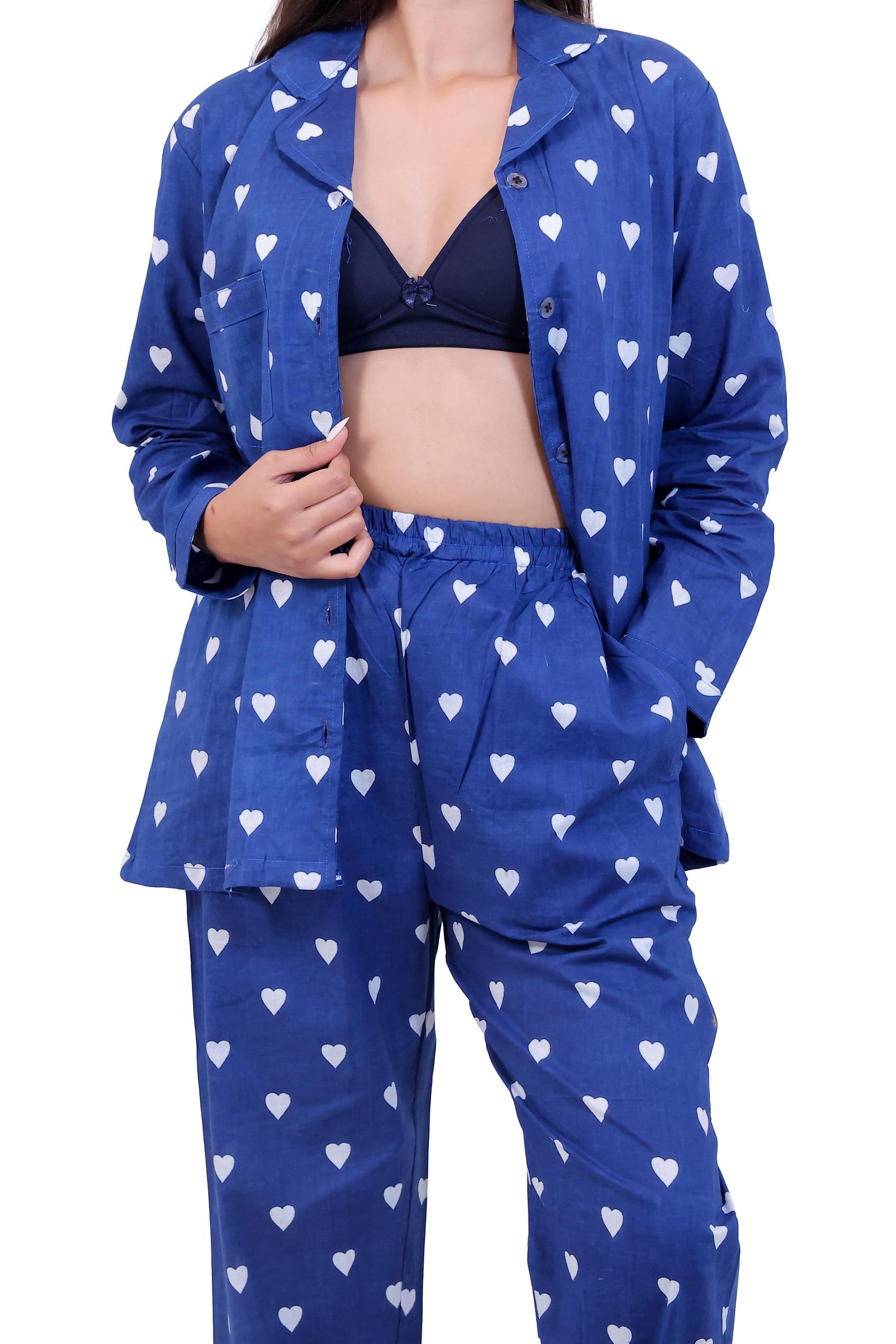 Royal Blue Heart Print Cotton Night Suit Set