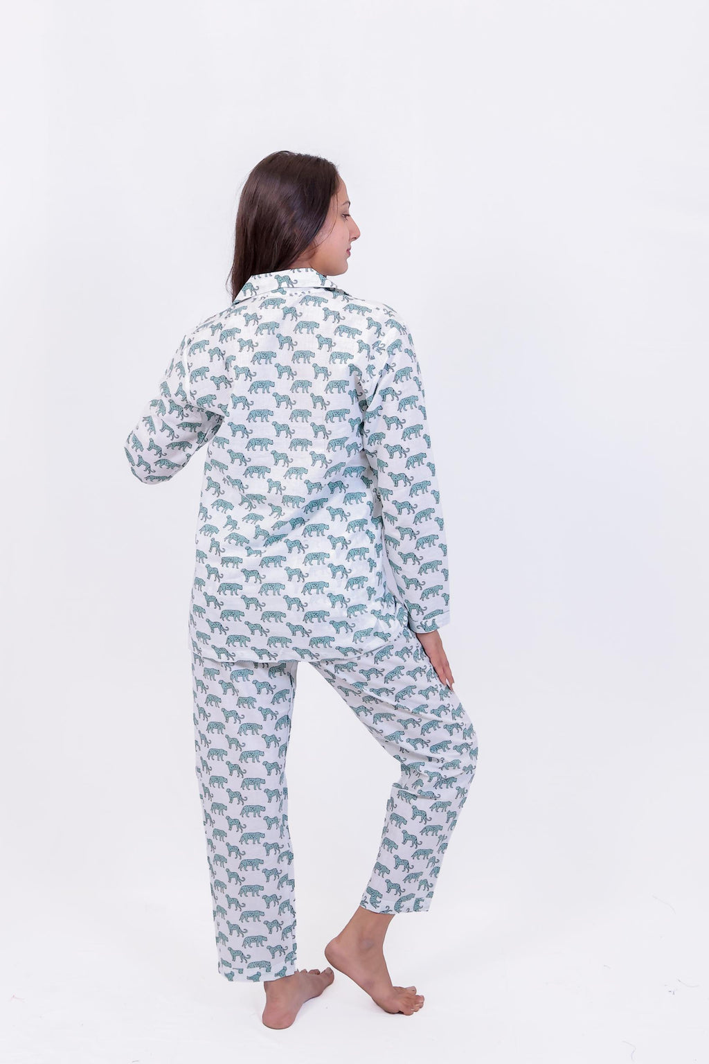 White & Teal Tiger Print Cotton Night Suit Set