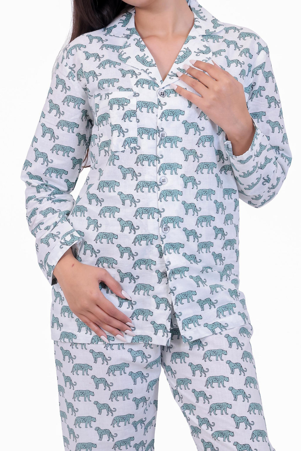 White & Teal Tiger Print Cotton Night Suit Set