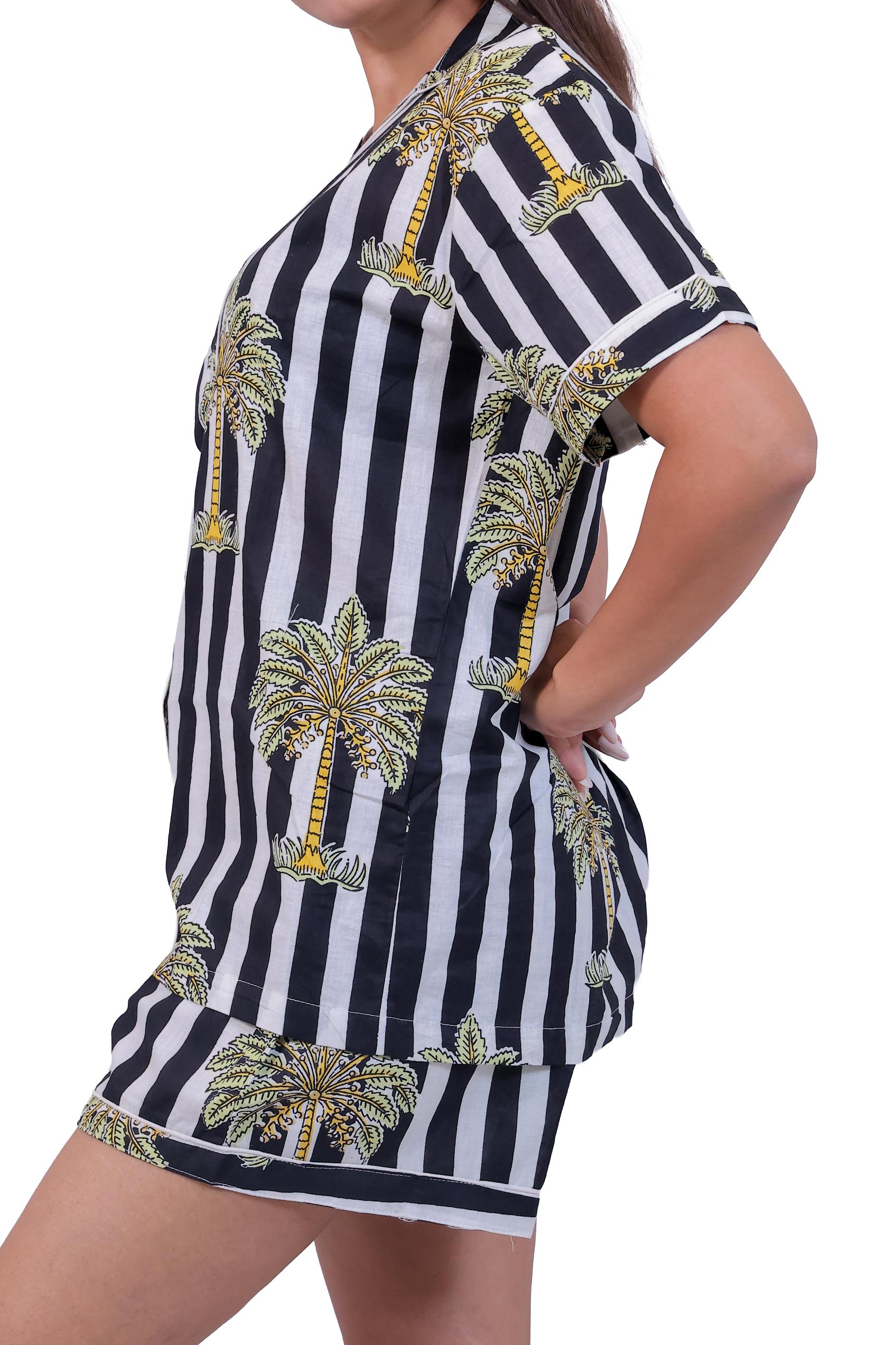 Black & White Stripe Palm Print Cotton Pajama Set(Shirt & Shorts)