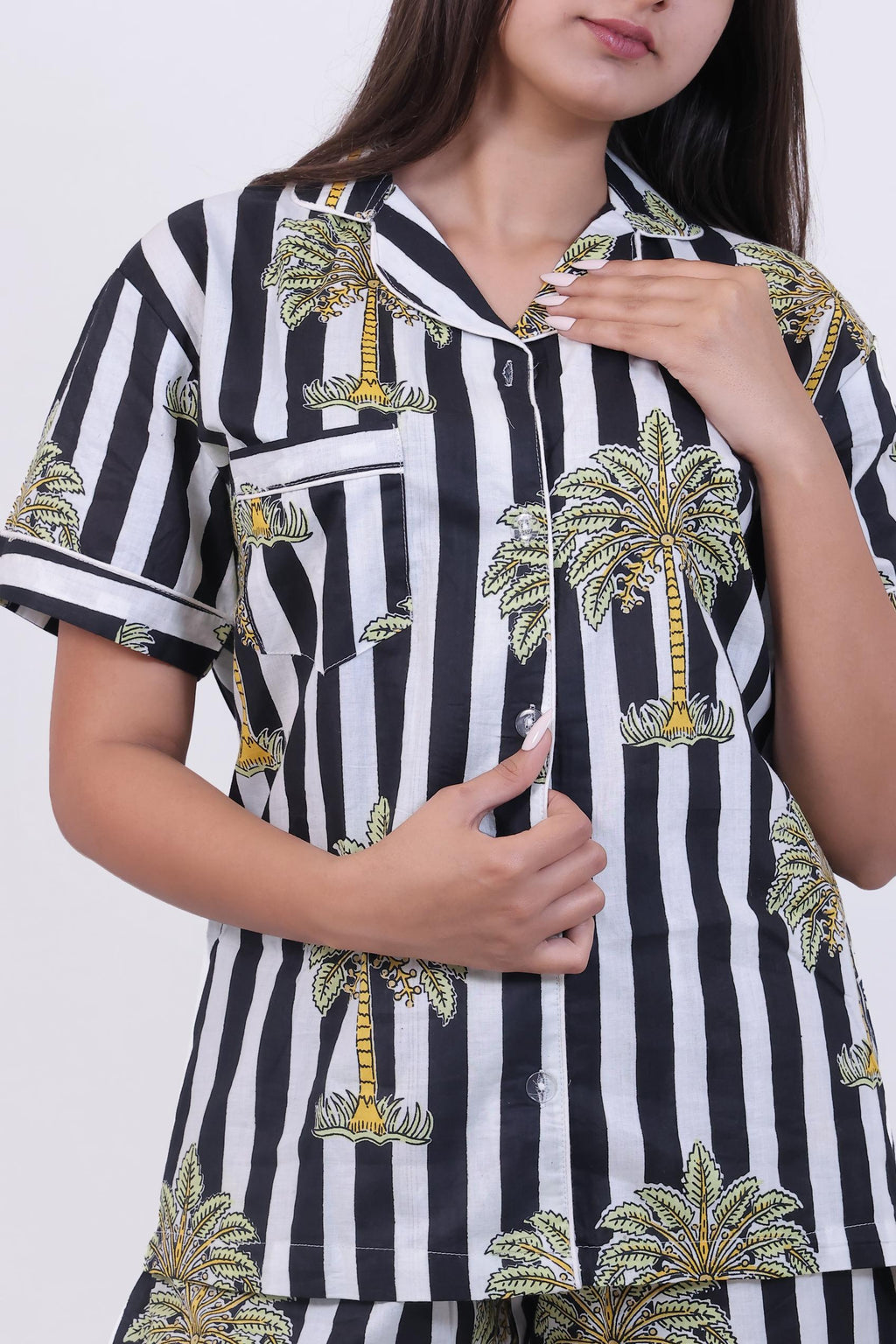Black & White Stripe Palm Print Cotton Pajama Set(Shirt & Shorts)