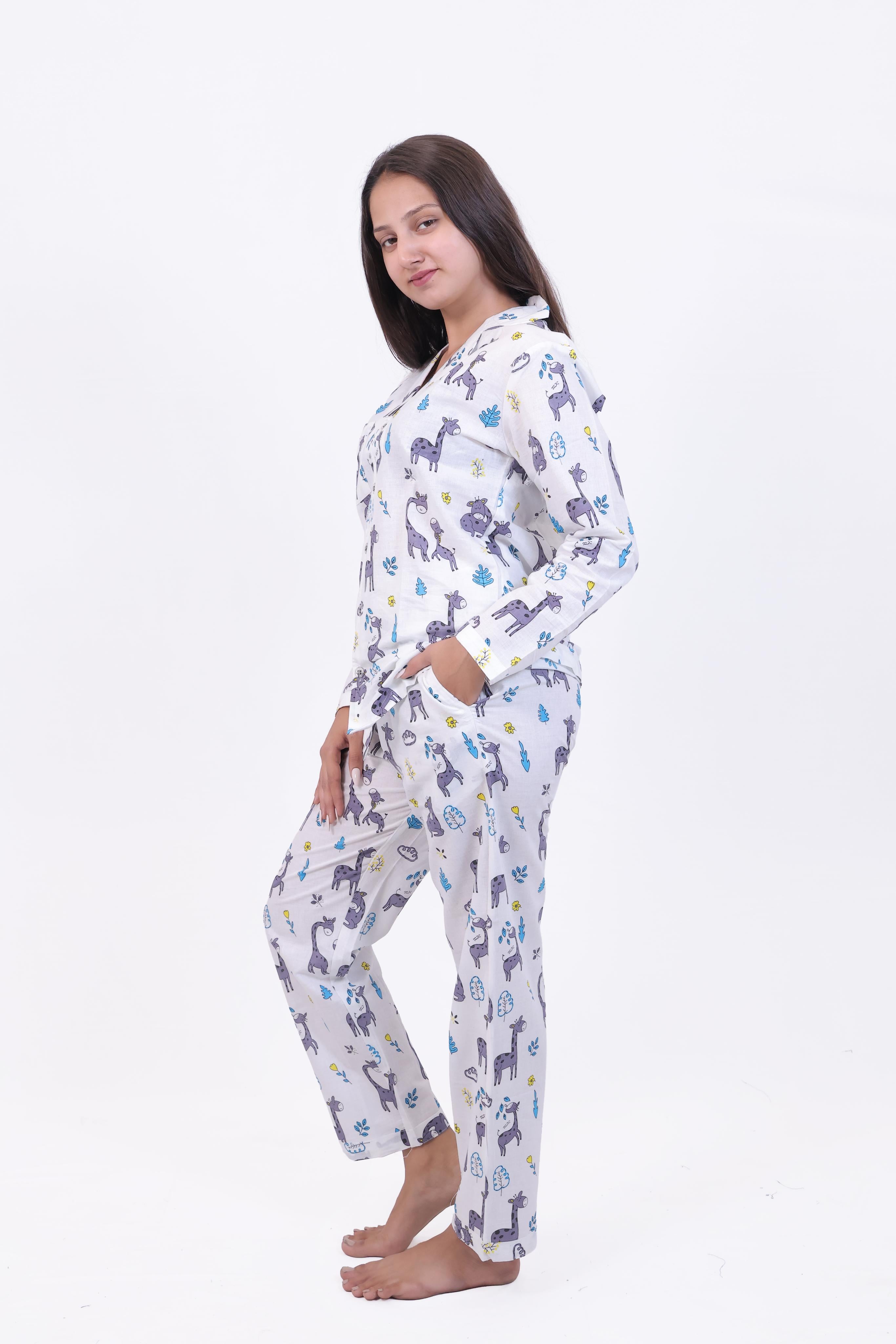 White Safari Animal Print Cotton Night Suit Set
