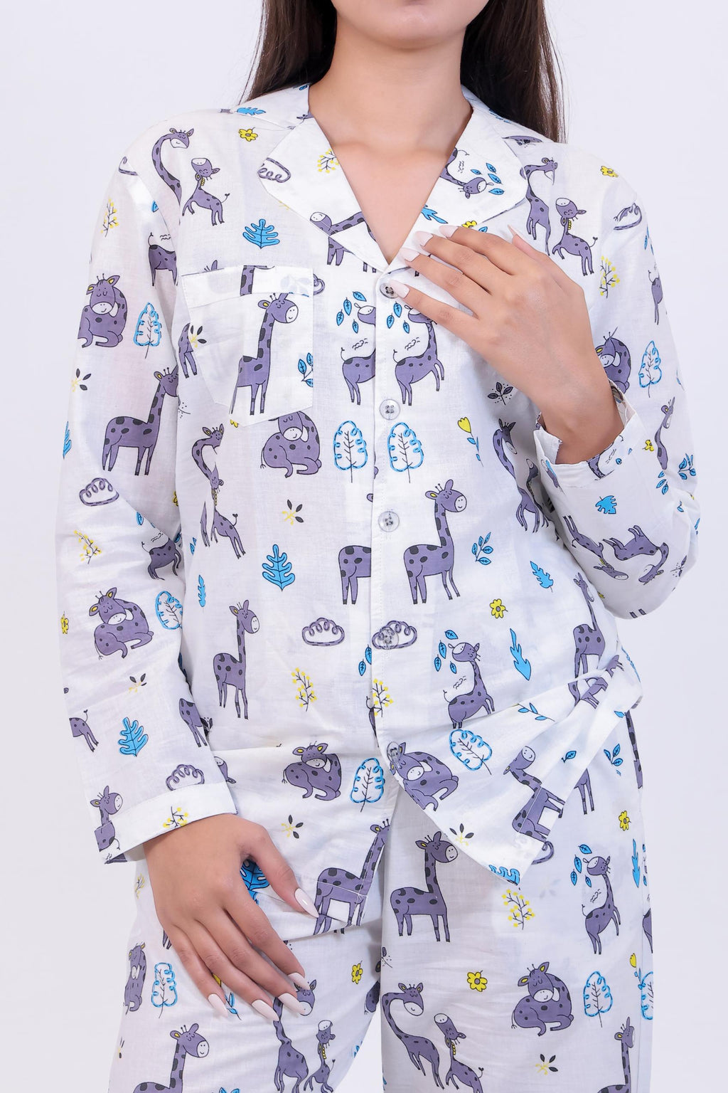 White Safari Animal Print Cotton Night Suit Set