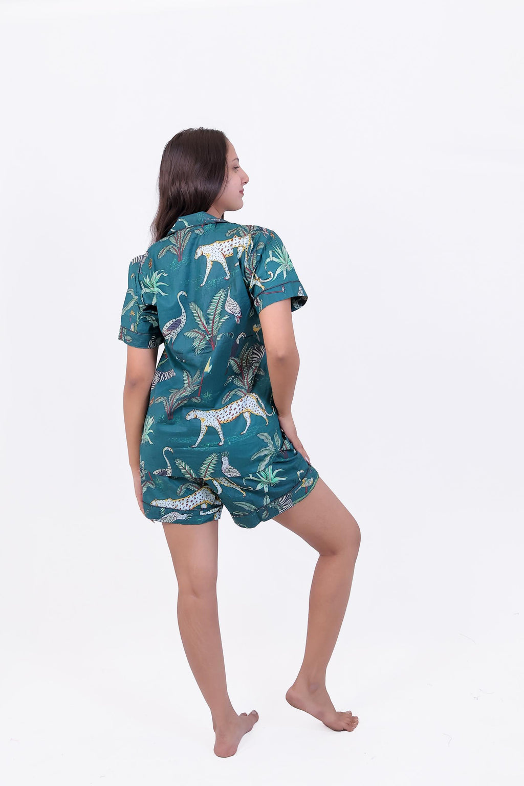 Green Forest Print Cotton Night Suit Set(Shirt & Shorts)