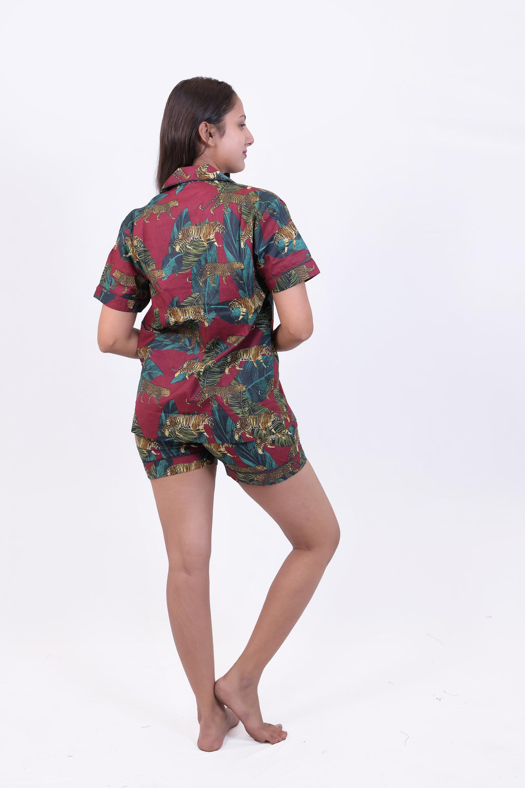 Wine Jungle Print Cotton Night Suit Set(Shirt & Shorts)