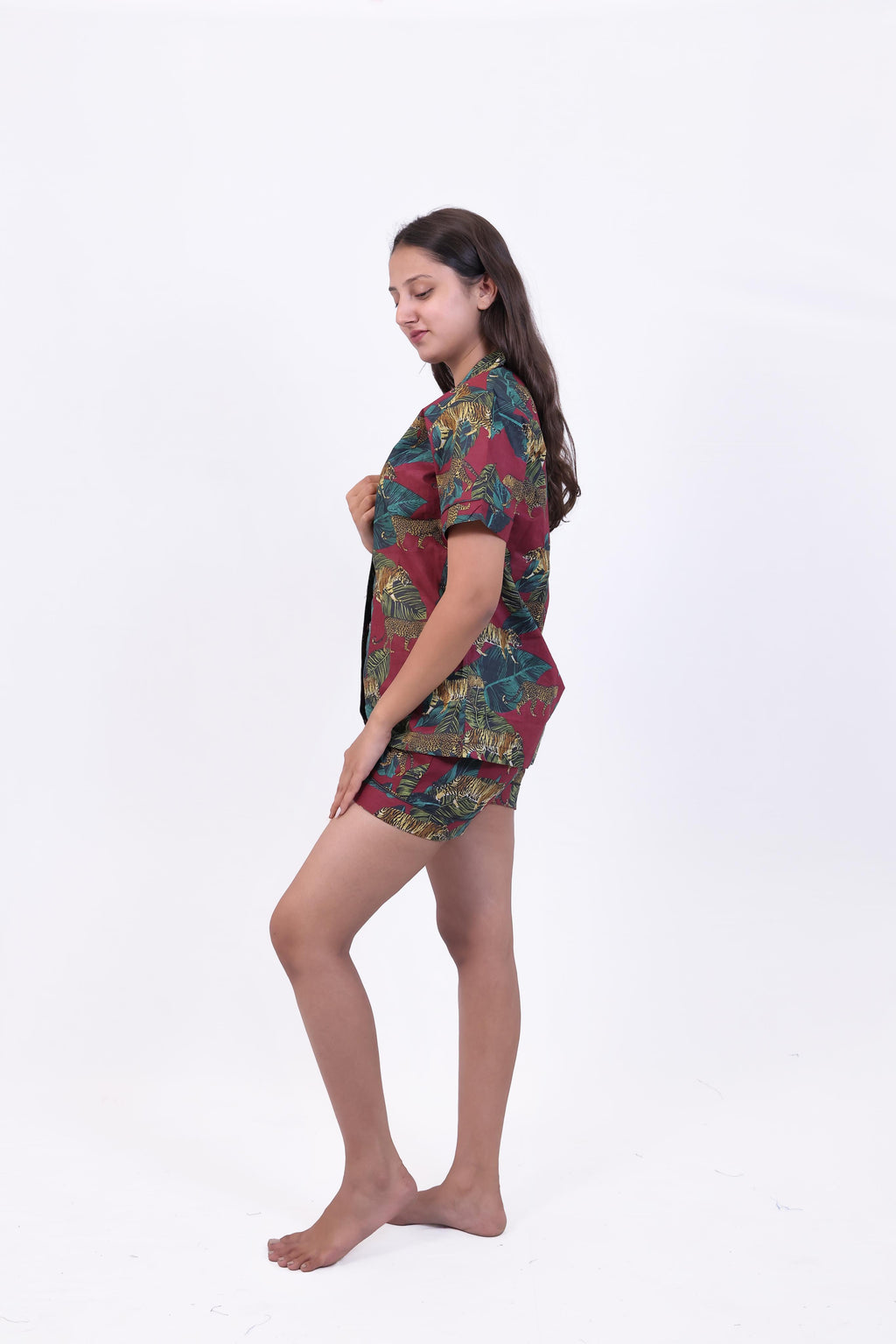 Wine Jungle Print Cotton Night Suit Set(Shirt & Shorts)