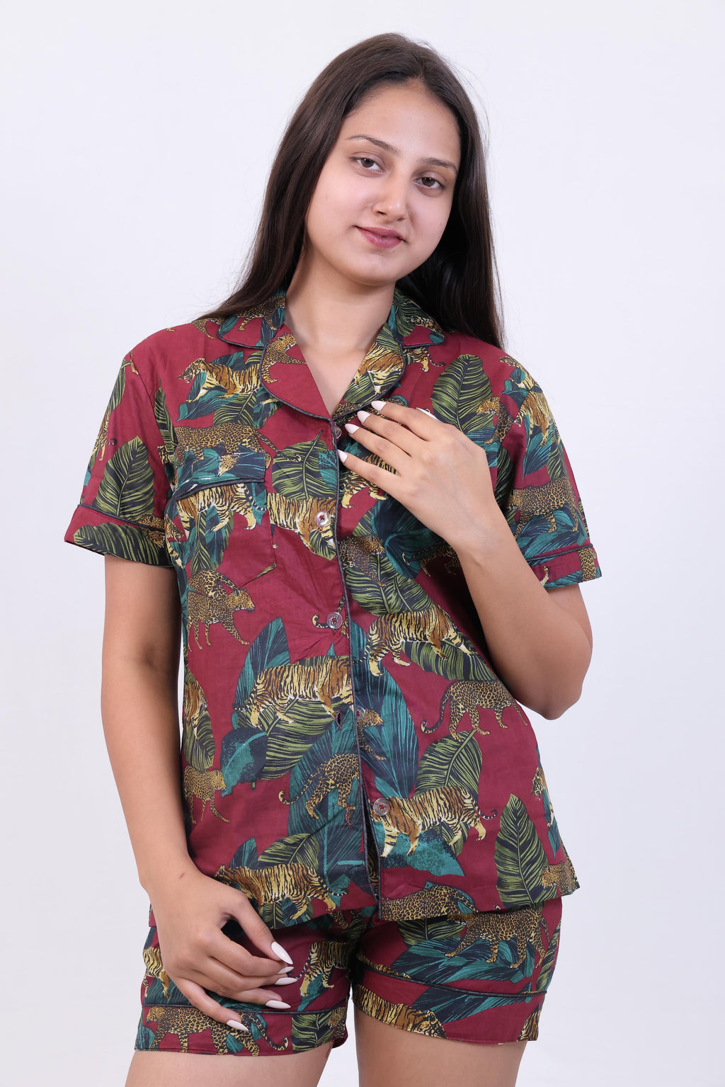 Wine Jungle Print Cotton Night Suit Set(Shirt & Shorts)