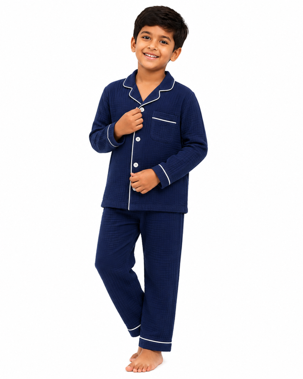 Classic Navy Blue Muslin Kids Night Suit