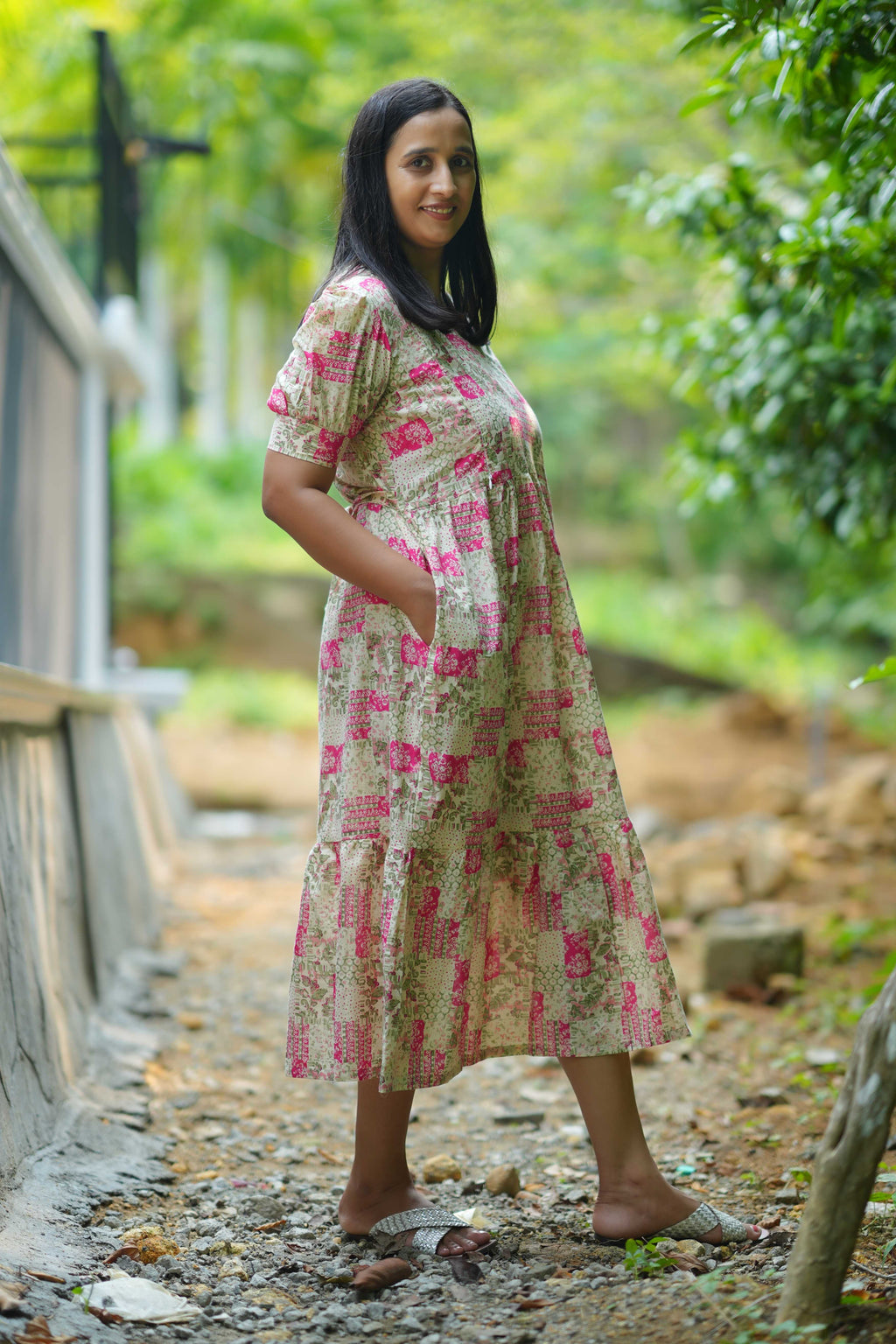 Green and Pink Floral Block Print Maternity Dress