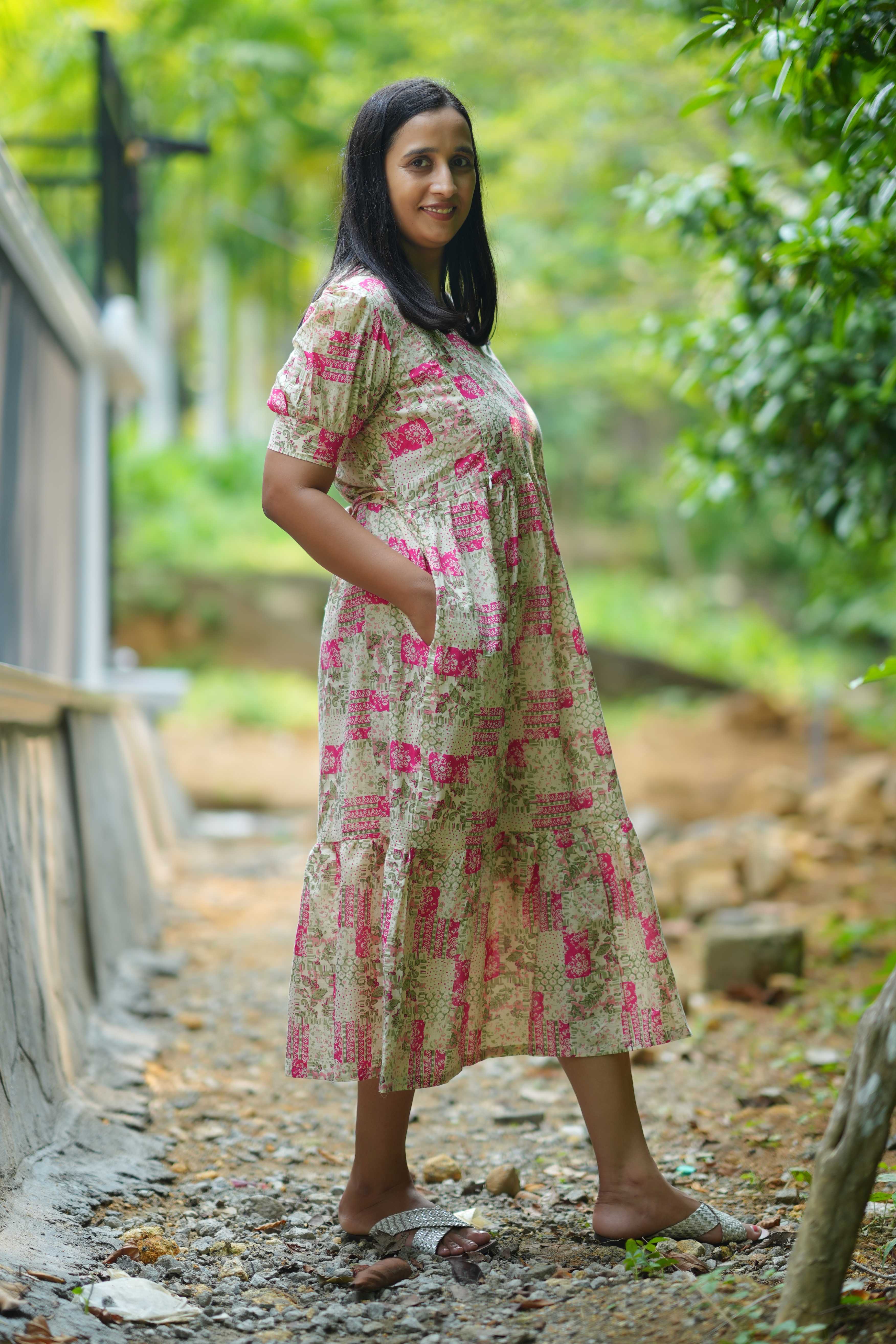 Green and Pink Floral Block Print Maternity Dress