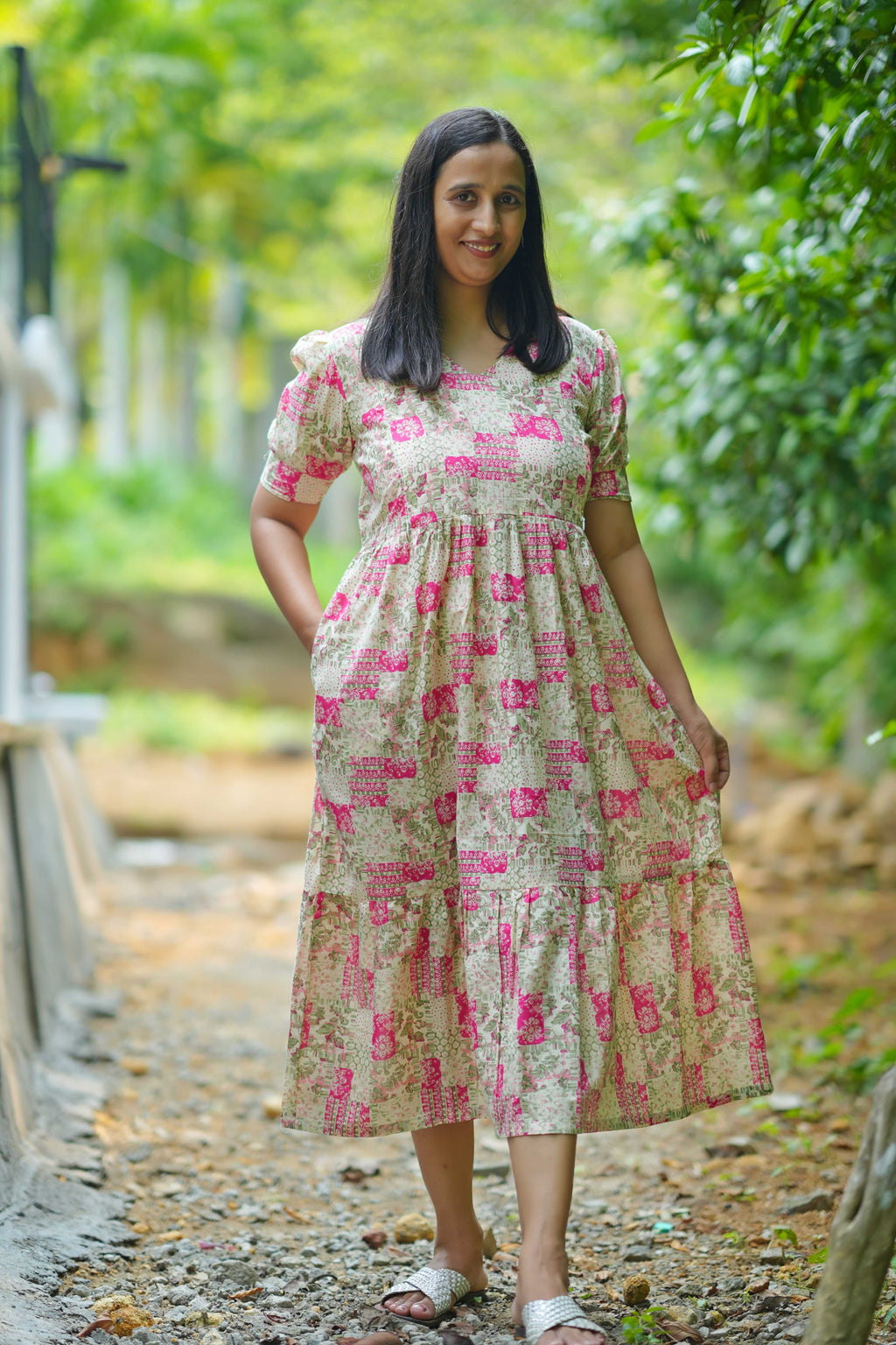 Green and Pink Floral Block Print Maternity Dress