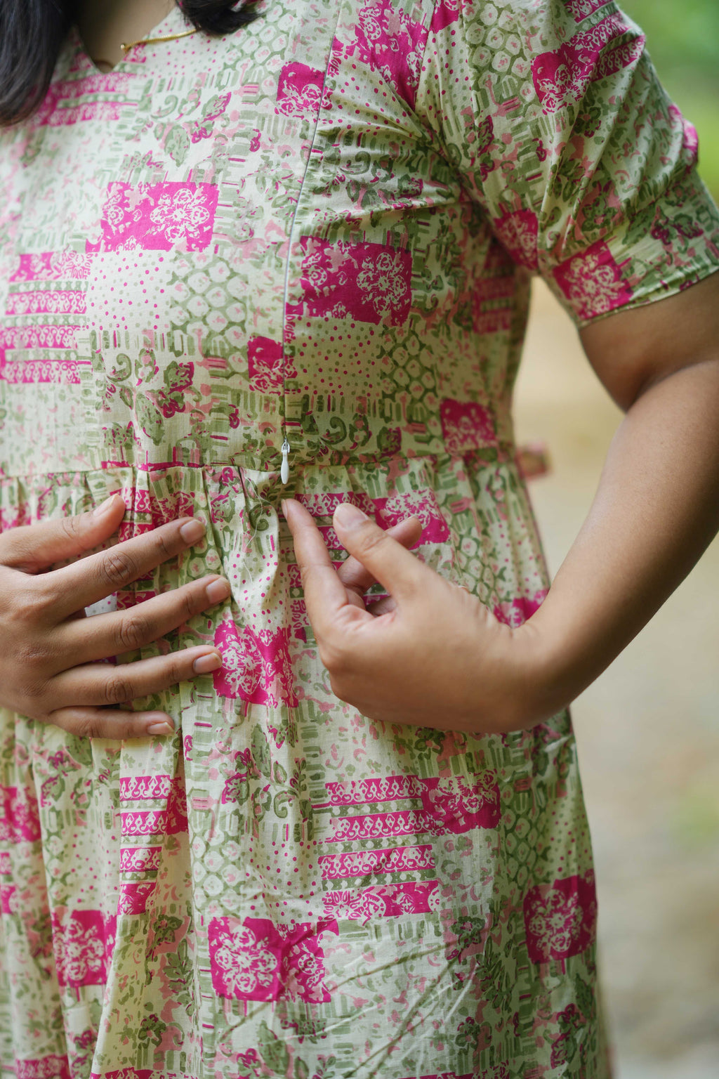 Green and Pink Floral Block Print Maternity Dress