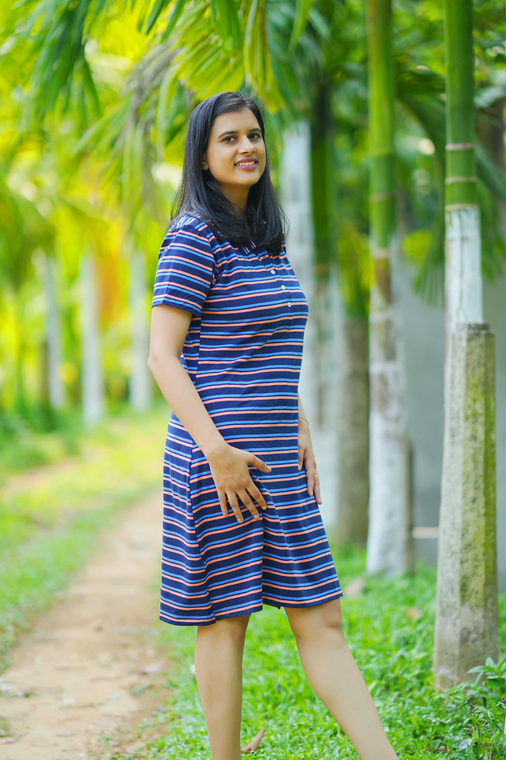 Coastal Stripes Polo Dress - Navy & peach