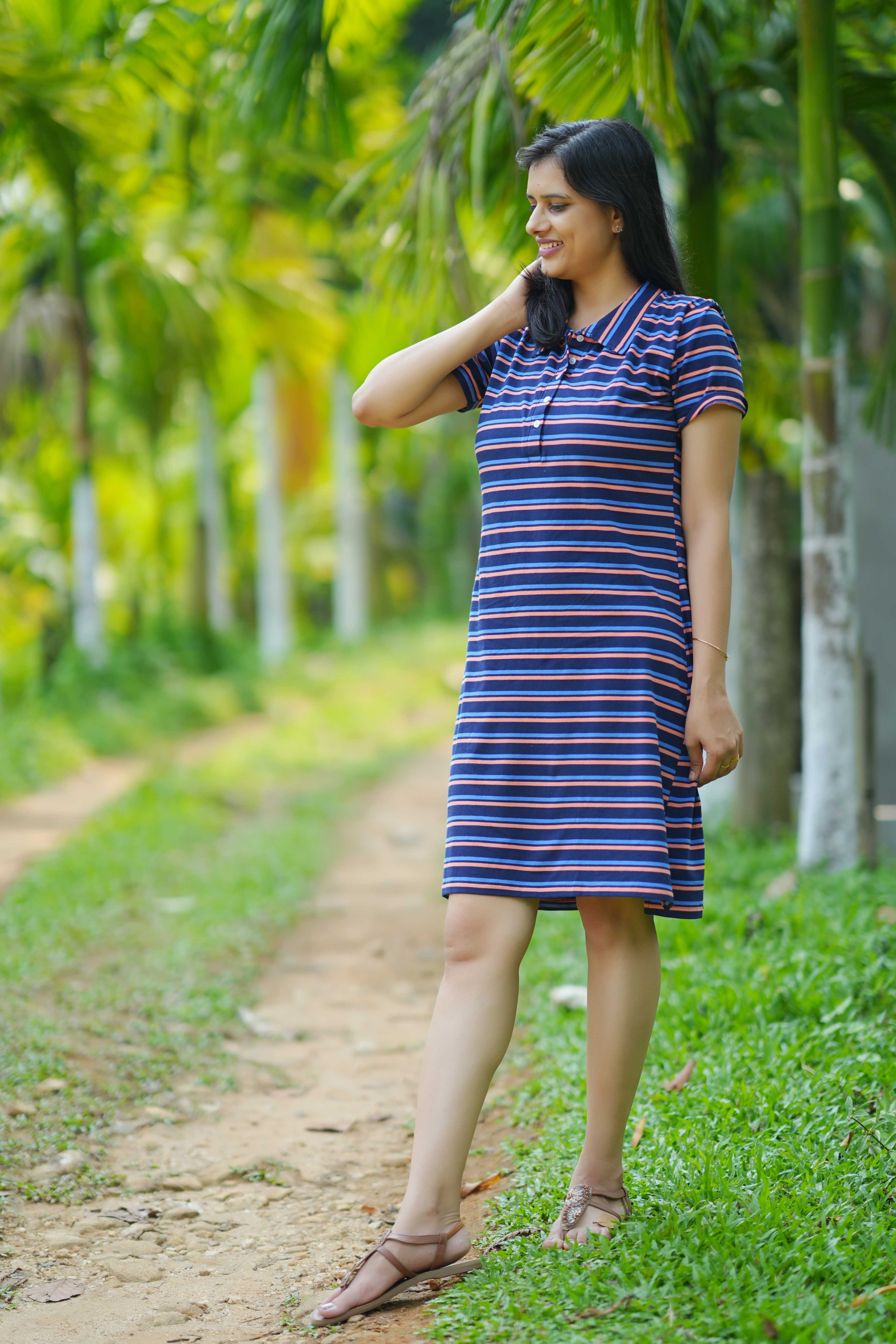 Coastal Stripes Polo Dress - Navy & peach