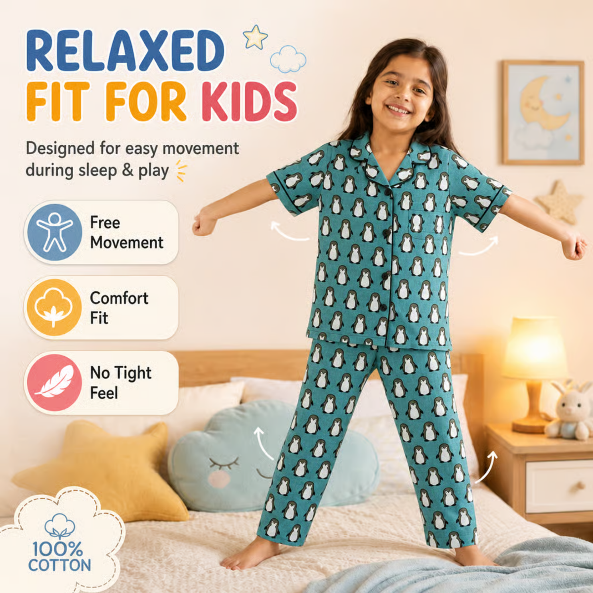 Aqua Penguin Parade Cotton Night Suit
