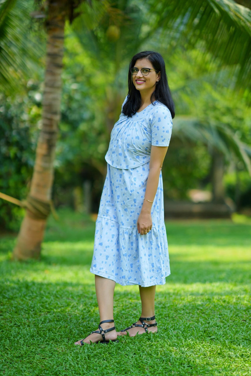 Light Blue Floral 100% Cotton Tiered Maternity Dress