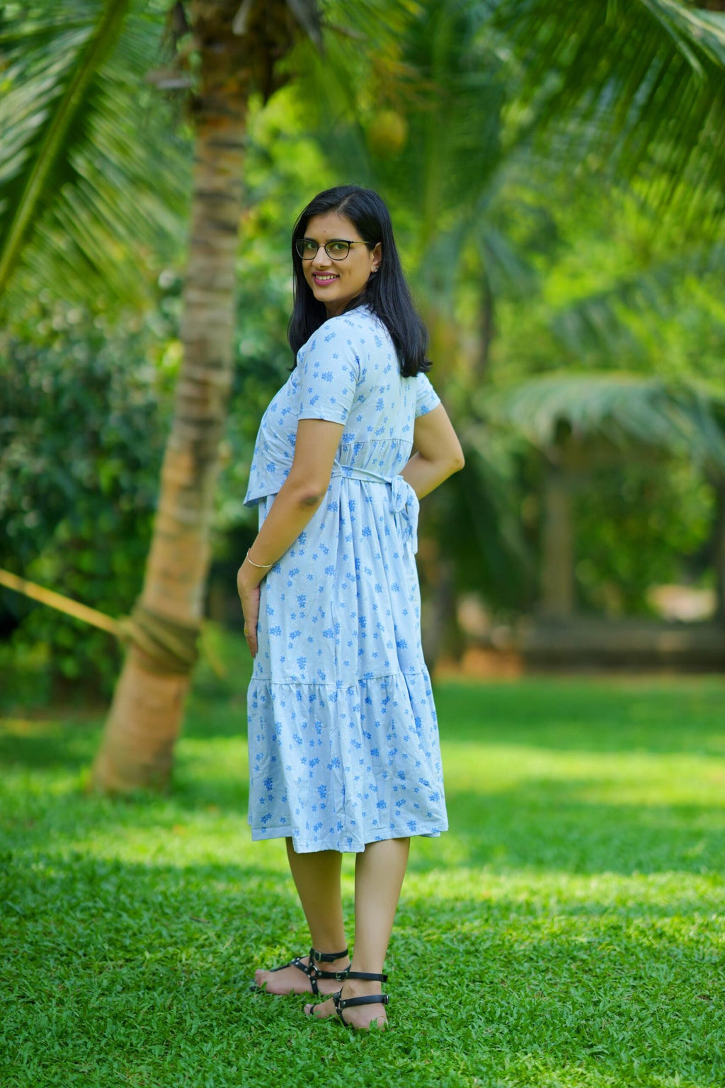 Light Blue Floral 100% Cotton Tiered Maternity Dress