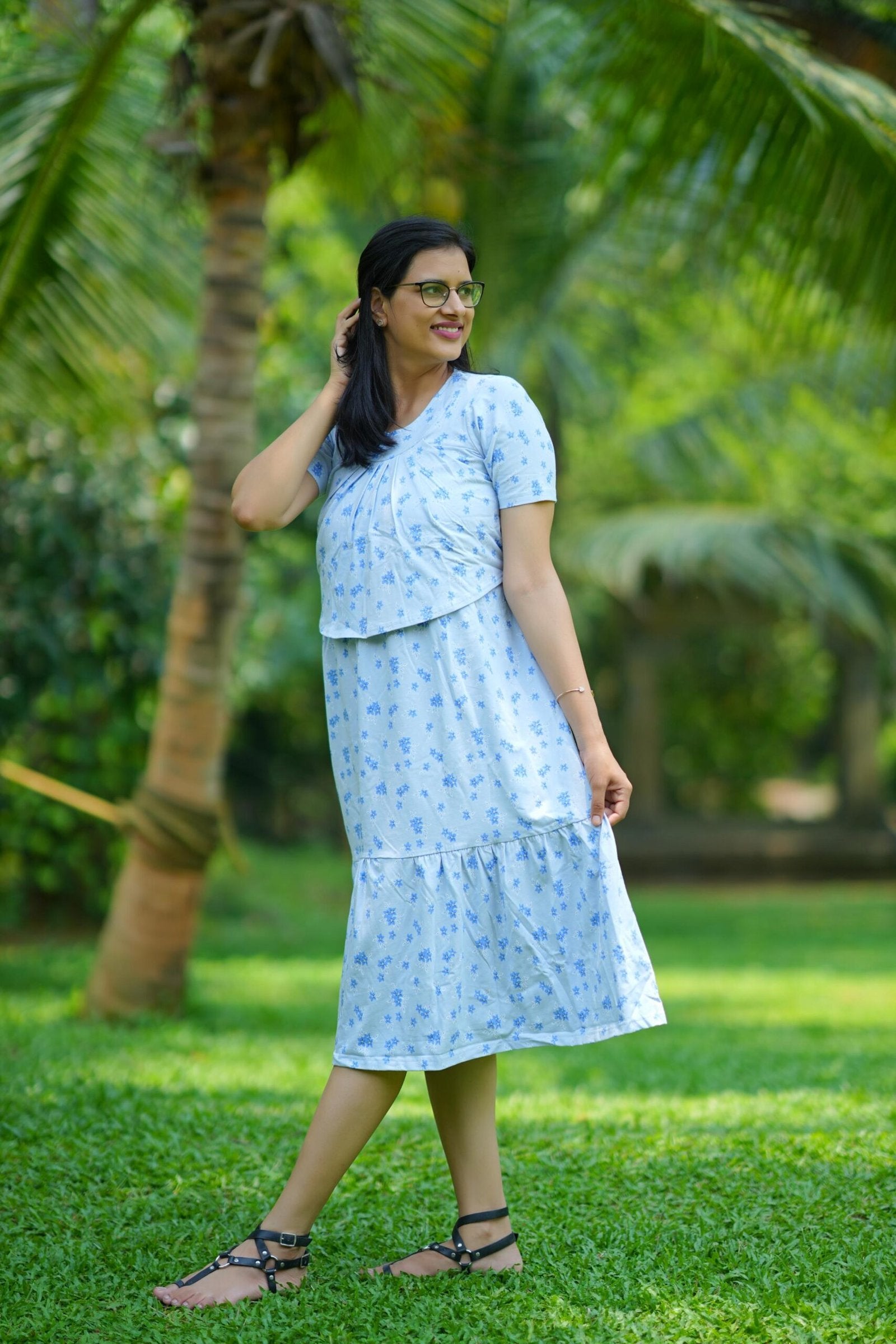 Light Blue Floral 100% Cotton Tiered Maternity Dress