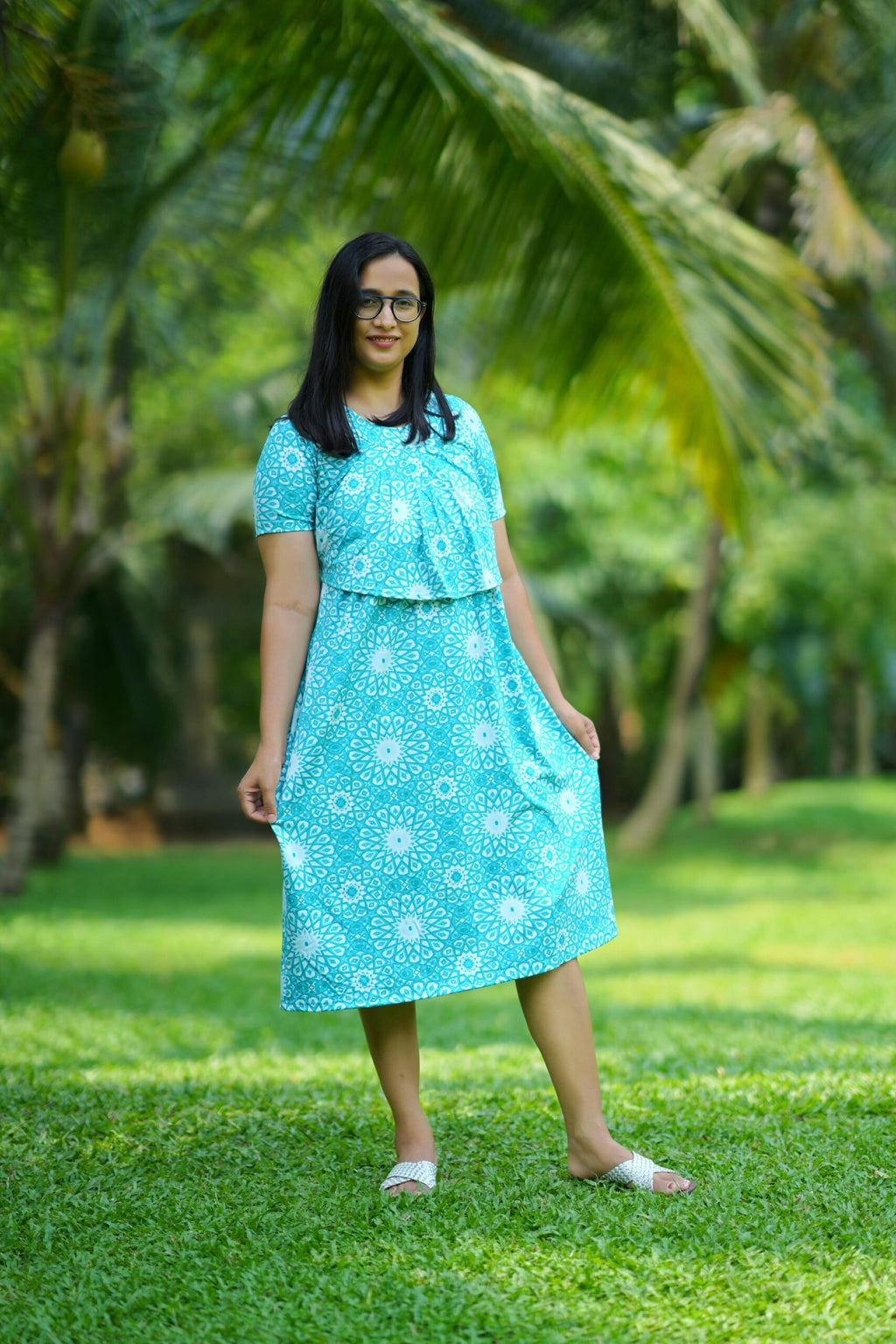 Aqua Bloom Maternity Midi Dress